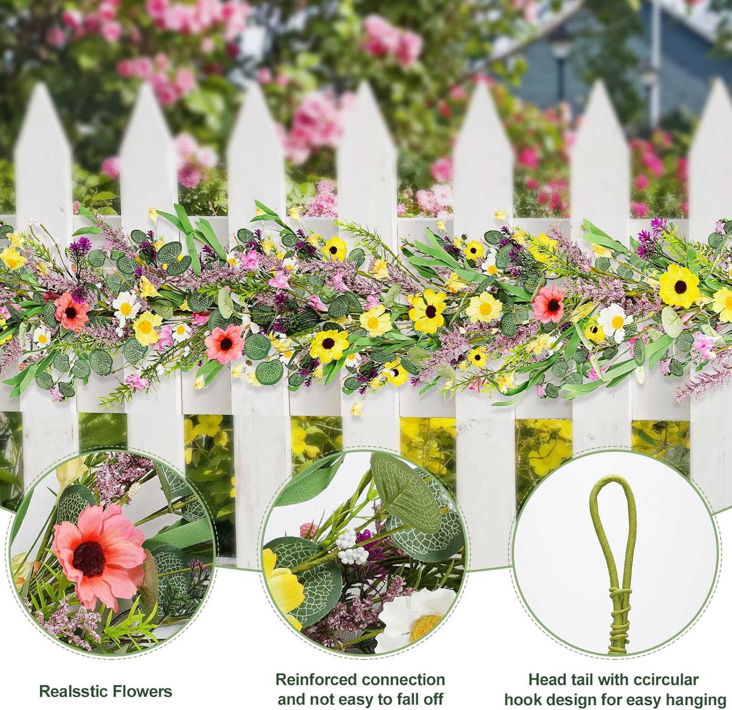 2pcs 6 ft Artificial Wildflower Garlands Wisteria Lavender Garland Daisy and Lavender Faux Floral Vine Summer Spring Floral Fake Garland All Year Round Home Decor for Indoor Outdoor Wedding Arch