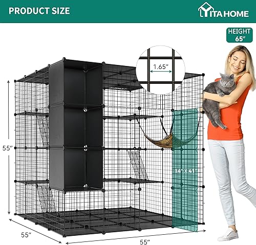 Miniatura 4 de YITAHOME Jaula grande para gatos con cubo de almacenamiento, recintos para gatos para interiores, corralito de metal para gatos con hamaca grande
