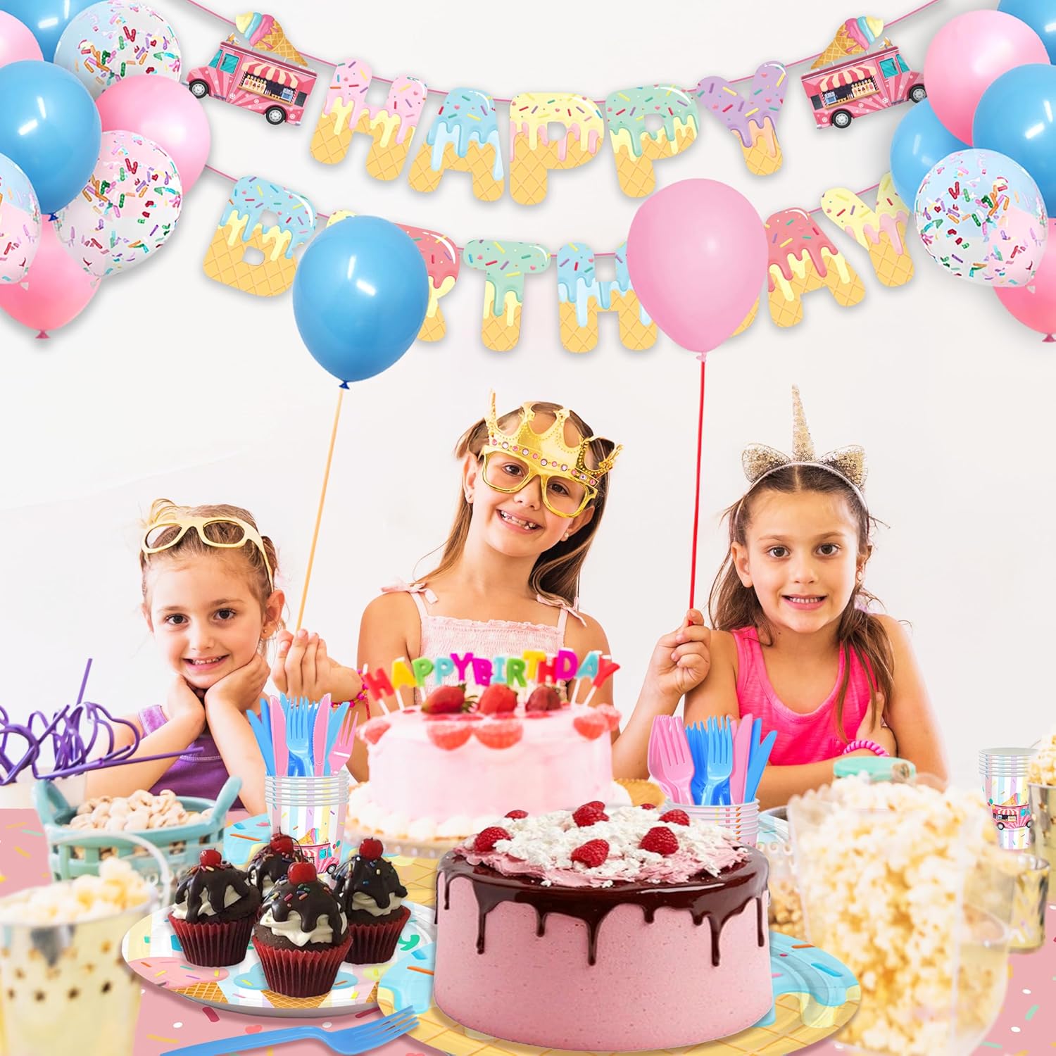 321Pcs Ice Cream Party Supplies for 50 Guests, Include Plates and Napkins, Cups, Forks, Knives with Banner, Tablecloths, Balloons, Ice Cream Theme Birthday Decorations