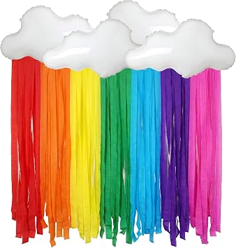 Rainbow Party Backdrop Decorations with 4 Pcs White Cloud Foil Balloons and 7 Rolls Rainbow Crepe Paper Streamers Cloud Curtain Backdrops for Bridal Shower Birthday Party