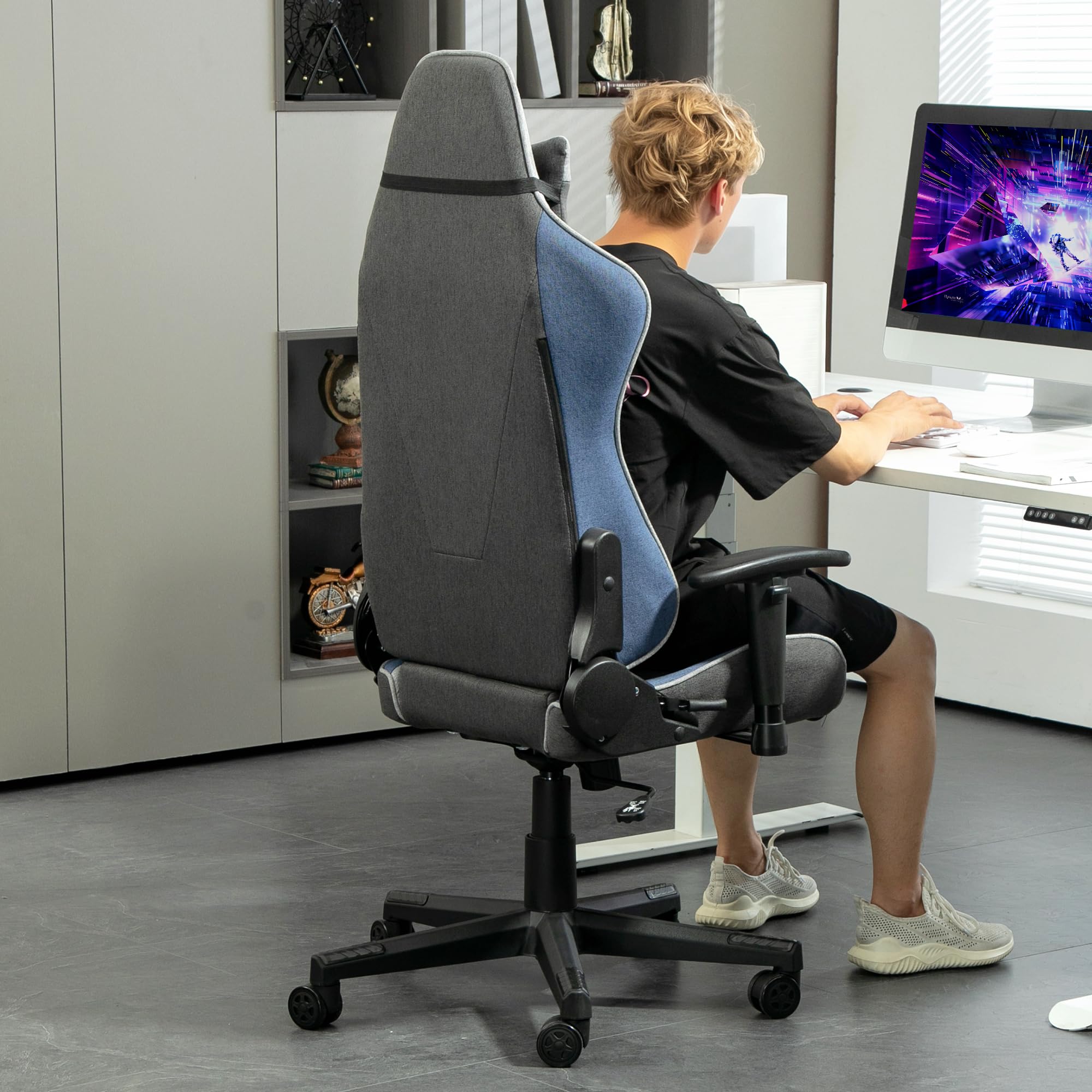 Vinsetto Sedia da Gaming Ergonomica, Poggiatesta e Altezza Regolabile, Blu | Braccioli, Poltrona Gaming Ufficio Reclinabile, Tessuto Effetto Lino, Funzione Dondolo, Supporto Lombare