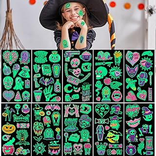 Halloween Temporary Tattoo for Kids, Halloween Glow Tattoo Stickers, Halloween Children's Tattoos Face Temporary Tattoo Stickers Pumpkin Skull Spider Bat Witch Tattoo Halloween Decoration
