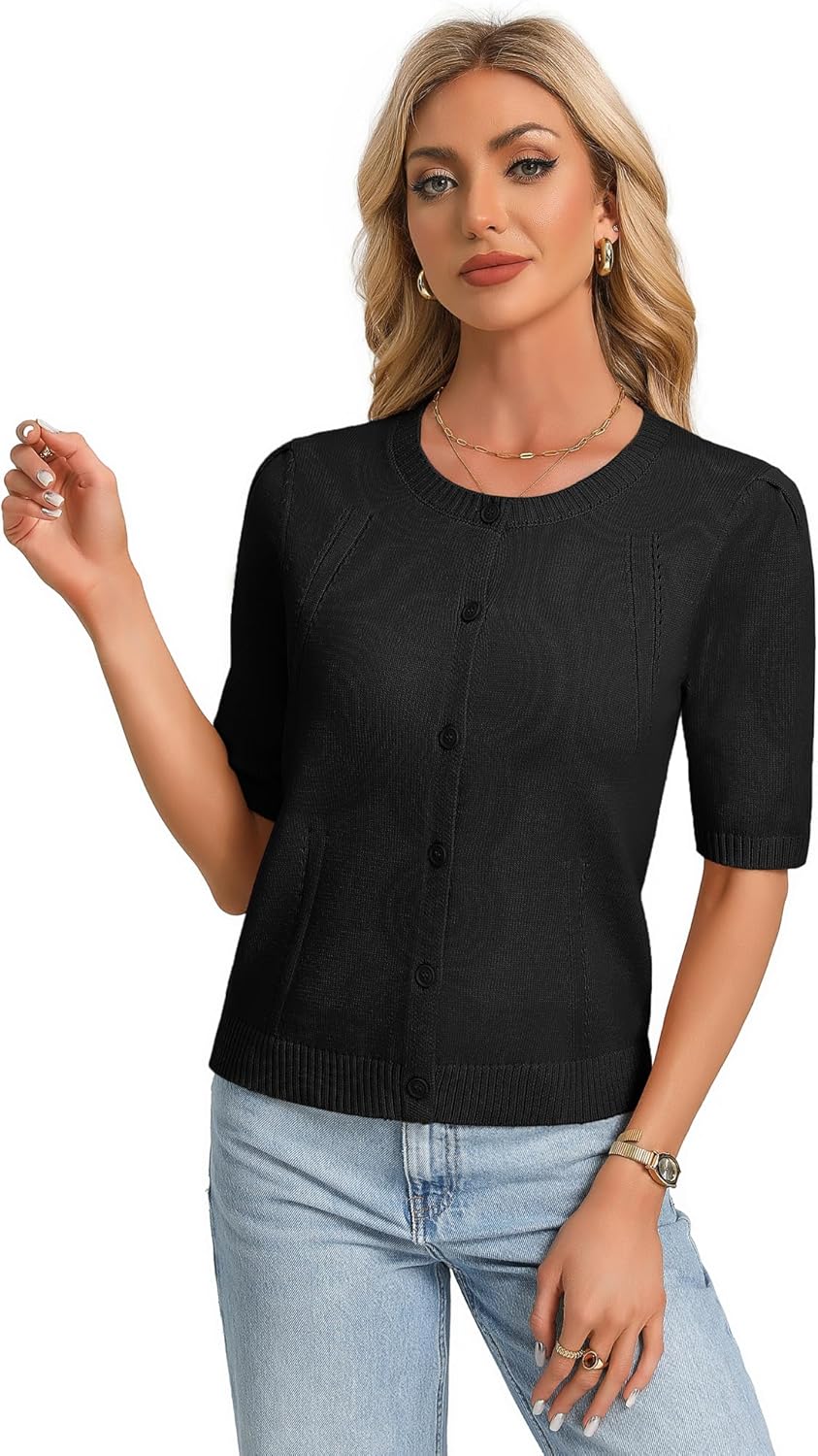 GRACE KARIN Short Sleeve Cardigans for Women, Spring Cropped Cotton Sweaters, Trendy Crew Neck Button Up Tops Casual, - Image 5