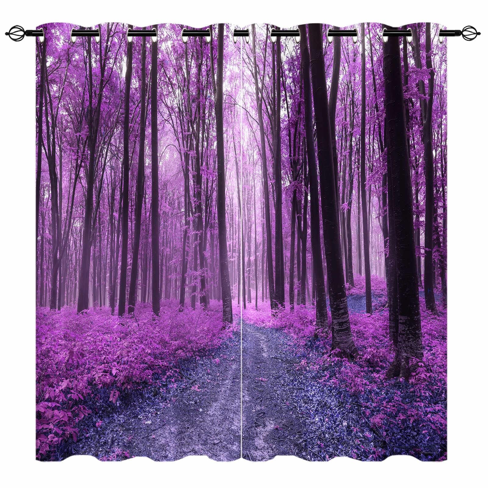 YUANZU Forest Scene Curtains - Nature Landscape Foggy Purple Woodland Autumn Scenery Print Pattern Eyelet Blackout Thermal Room Darkening Window Drapes for Bedroom Living Room 2 Panels W229cm x D183cm — image 1