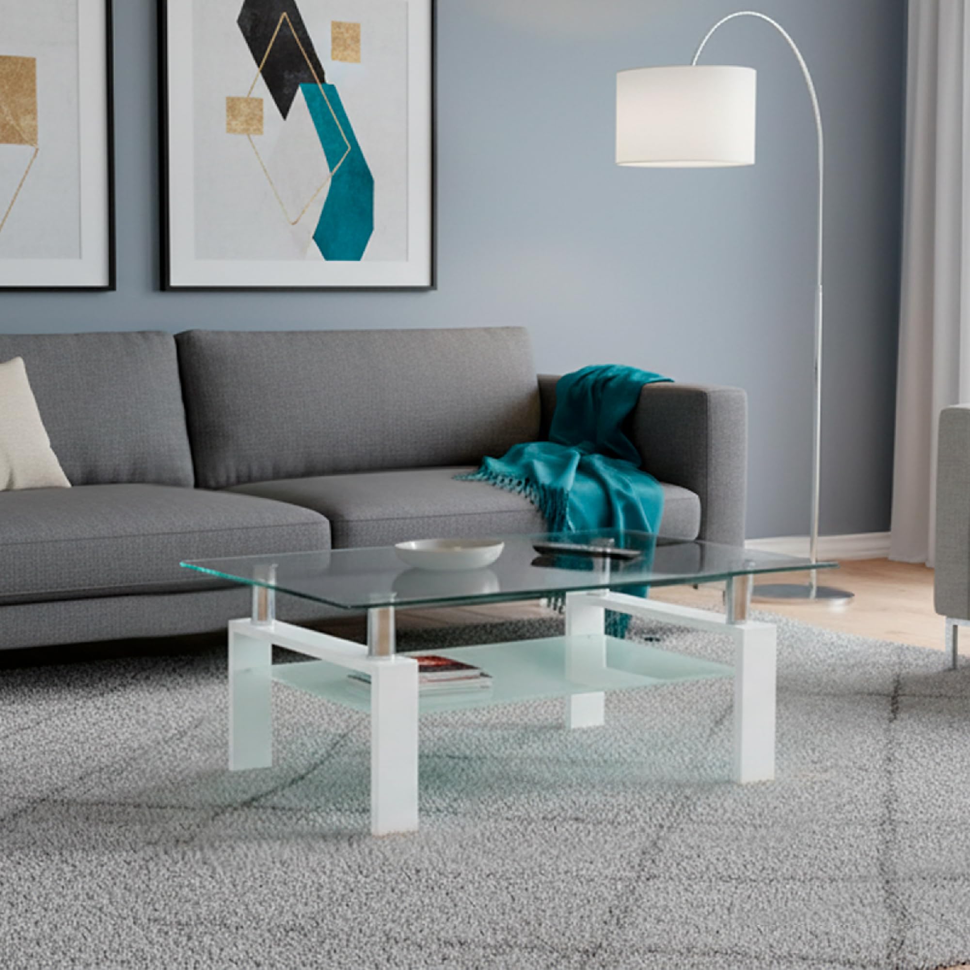 Mesa de Centro 100 x 60 x 44 cm Porter, Mesa de Cafe Rectangular con Vidrio Templado Transparente 6 mm y Estructura Blanca, diseño Elegante, para salón y Zona Lounge