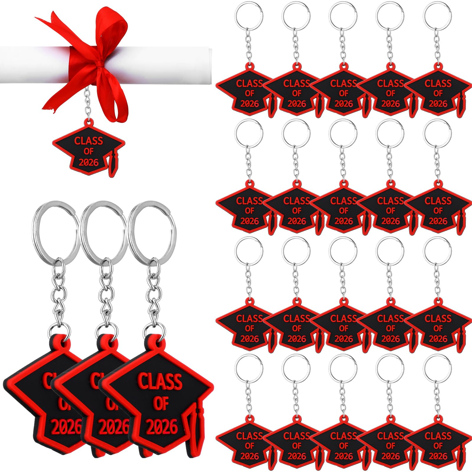 WILLBOND 20 Pieces Class of 2026 Graduation Keychains Rubber Key Chains Grad Cap