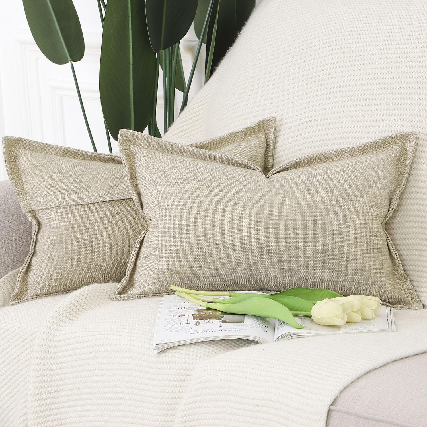 MADIZZ Set van 2 Linnen kussenslopen Met Brede Rand Zachte Decoratieve Kussenhoes Moderne Kussensloop voor Sofa Slaapkamer 40x60 cm Bruin