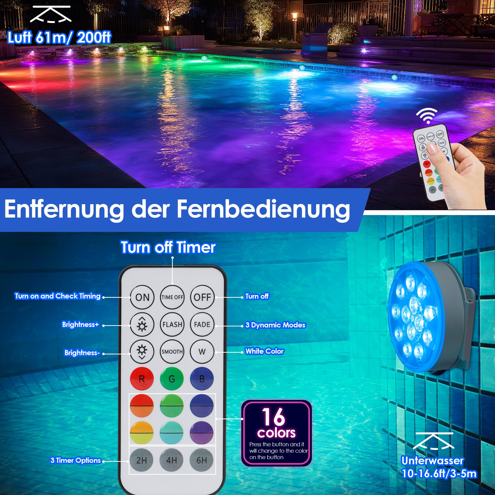 2 Stück LED Poolbeleuchtung Unterwasser Wiederaufladbare, Unterwasser Licht mit Fernbedienung, IP68 Wasserdichte Teichbeleuchtung, Für Pool, Springbrunnen, Teiche, Aquarien, Hochzeiten, 16 Farben
