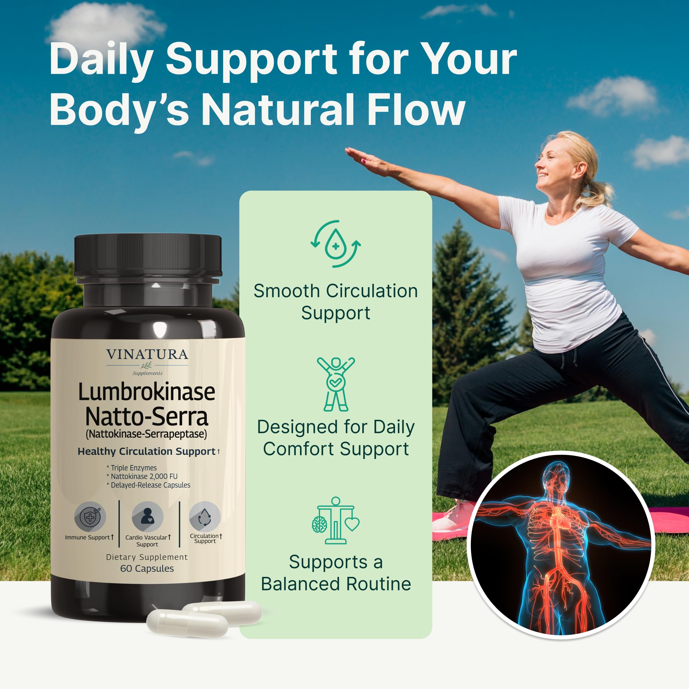 VINATURA Lumbrokinase Serrapeptase Nattokinase - Nattokinase 2000 FU, Lumbrokinase Enzymes Supplement for Blood Circulation Support - 60 Capsules — Amazon image 4