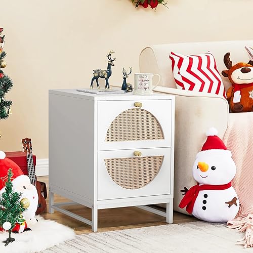 Miniatura 8 de AWQM Rattan Nightstand, End Side Table with 2 Rattan Drawers, Wood Square Bedside Table with Storage, Accent Sofa Table for Home Office Living Room