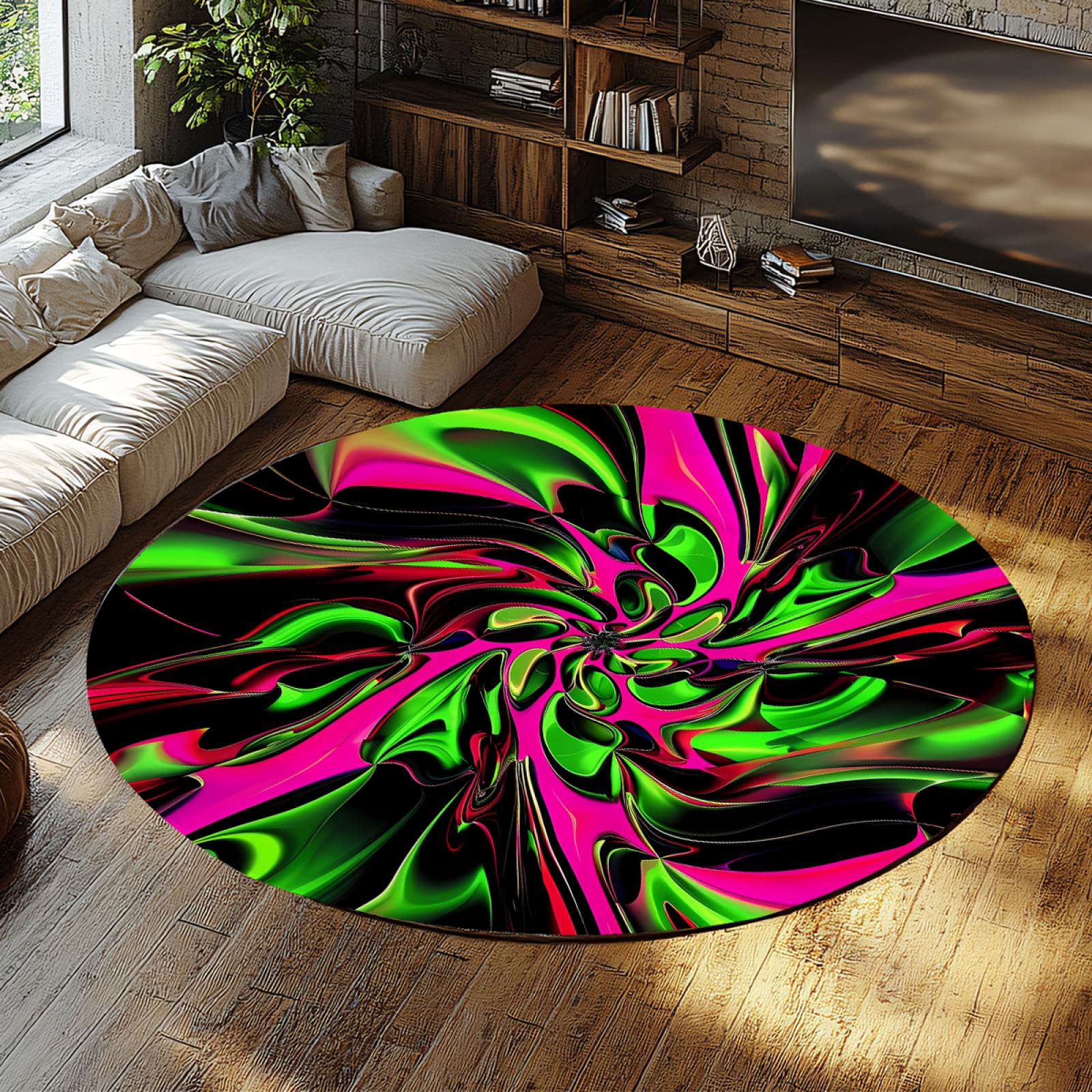 Tapis rond néon abstrait noir rose vert 60cm art moderne