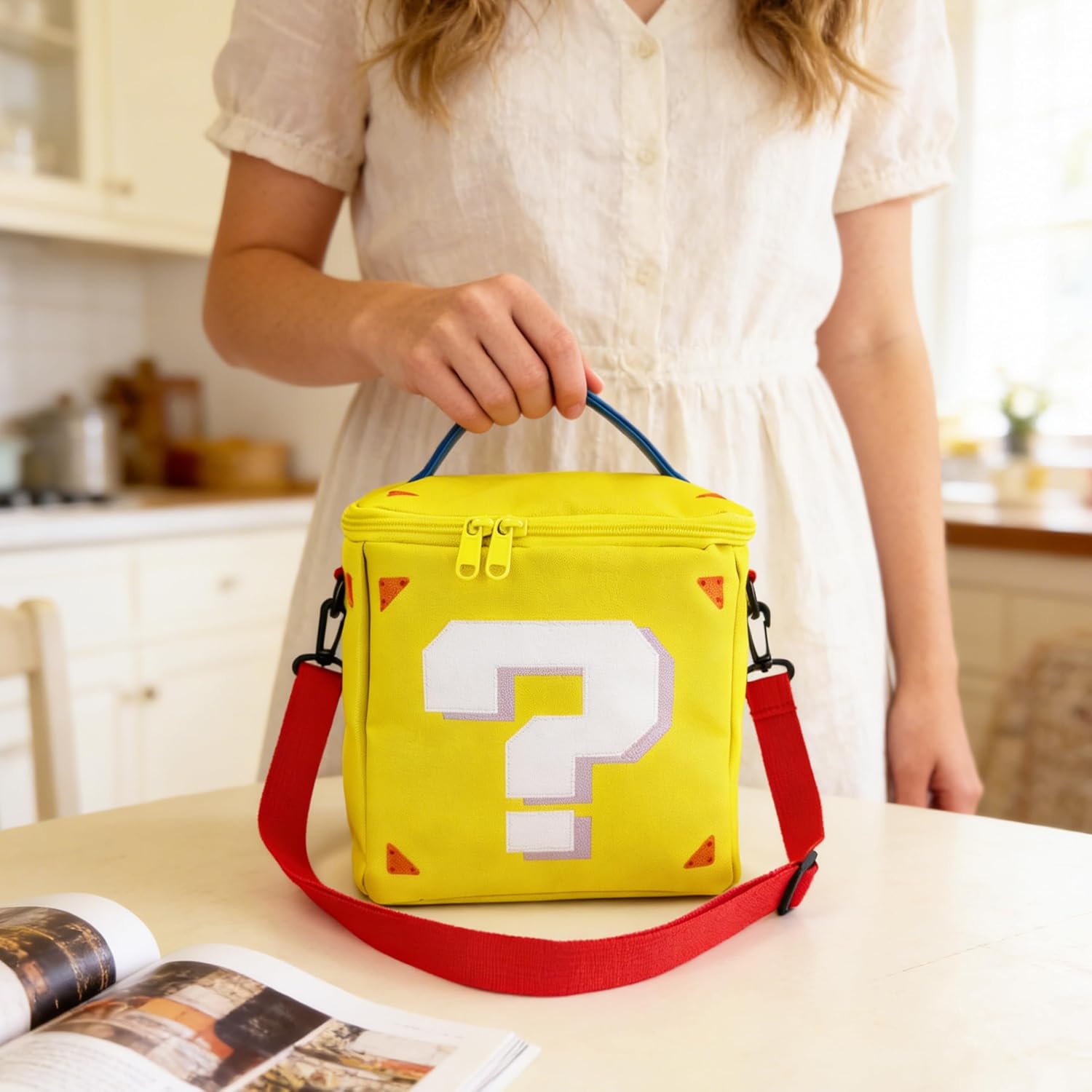 Yellow Question Lunch Box Bag, Lunch Bag Storage Basket Game Merch Gifts for Party Supplies Favor Room Decor, Costume Accessory (Light-Yellow)