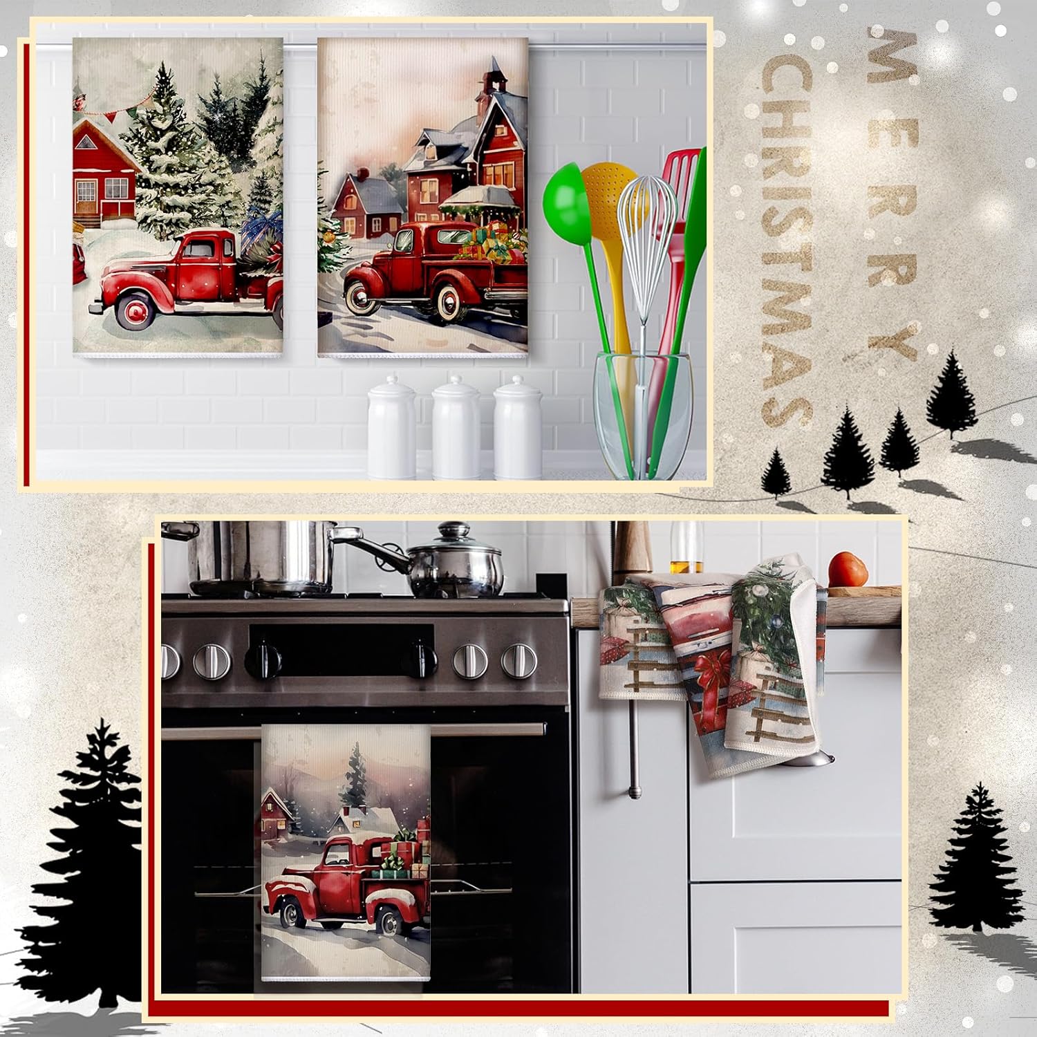 Bencailor 6 Pcs Winter Kitchen Towels 16 x 24 Inches Decorative Snowman Truck Tea Dish Dishcloths Winter Holiday Drying Cloth Hand Towels(Warm Color,Truck) - Image 4