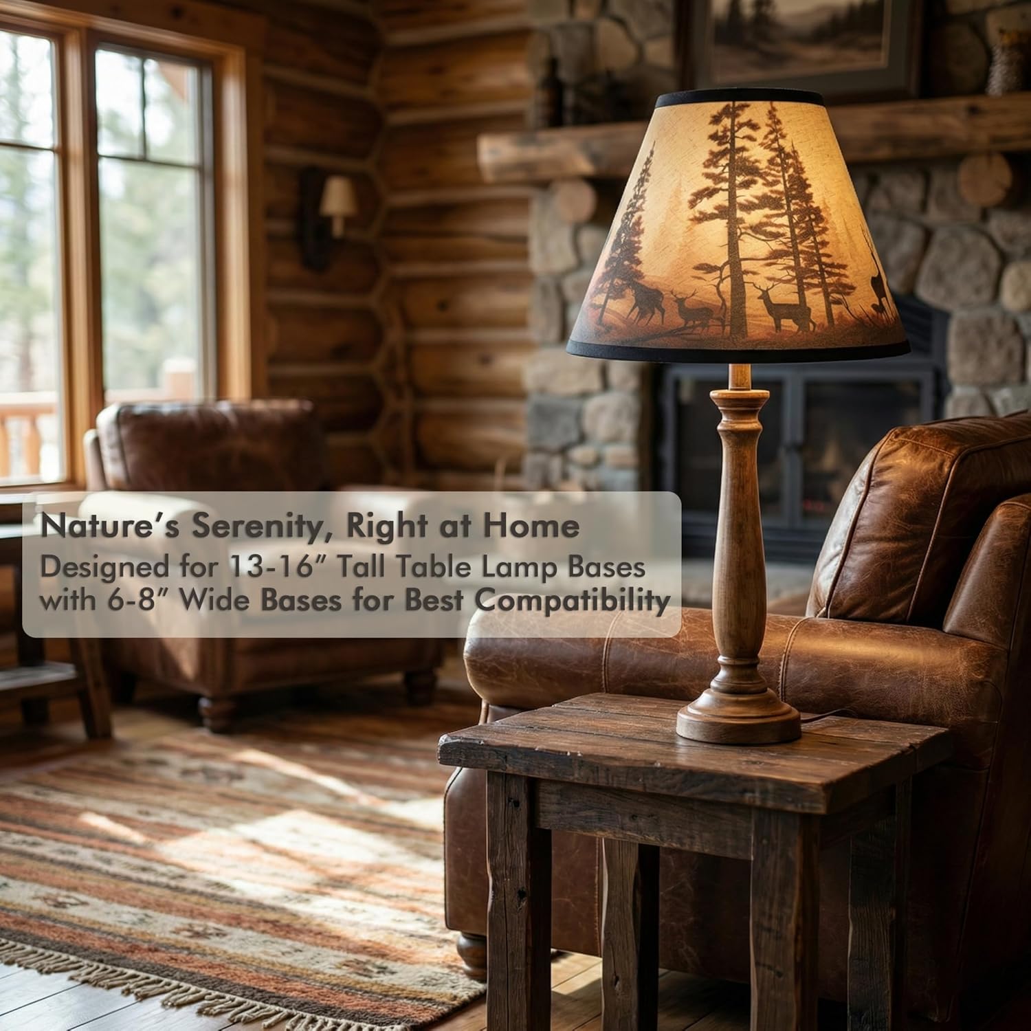 Rustic Deer Printed Empire Lamp Shades Set of 2, 6"x13"x10" Medium Brown Lampshades for Country Cabin Decor, Spider Fitter Lamp Shades Replacement for Table Lamps, Easy Assembly