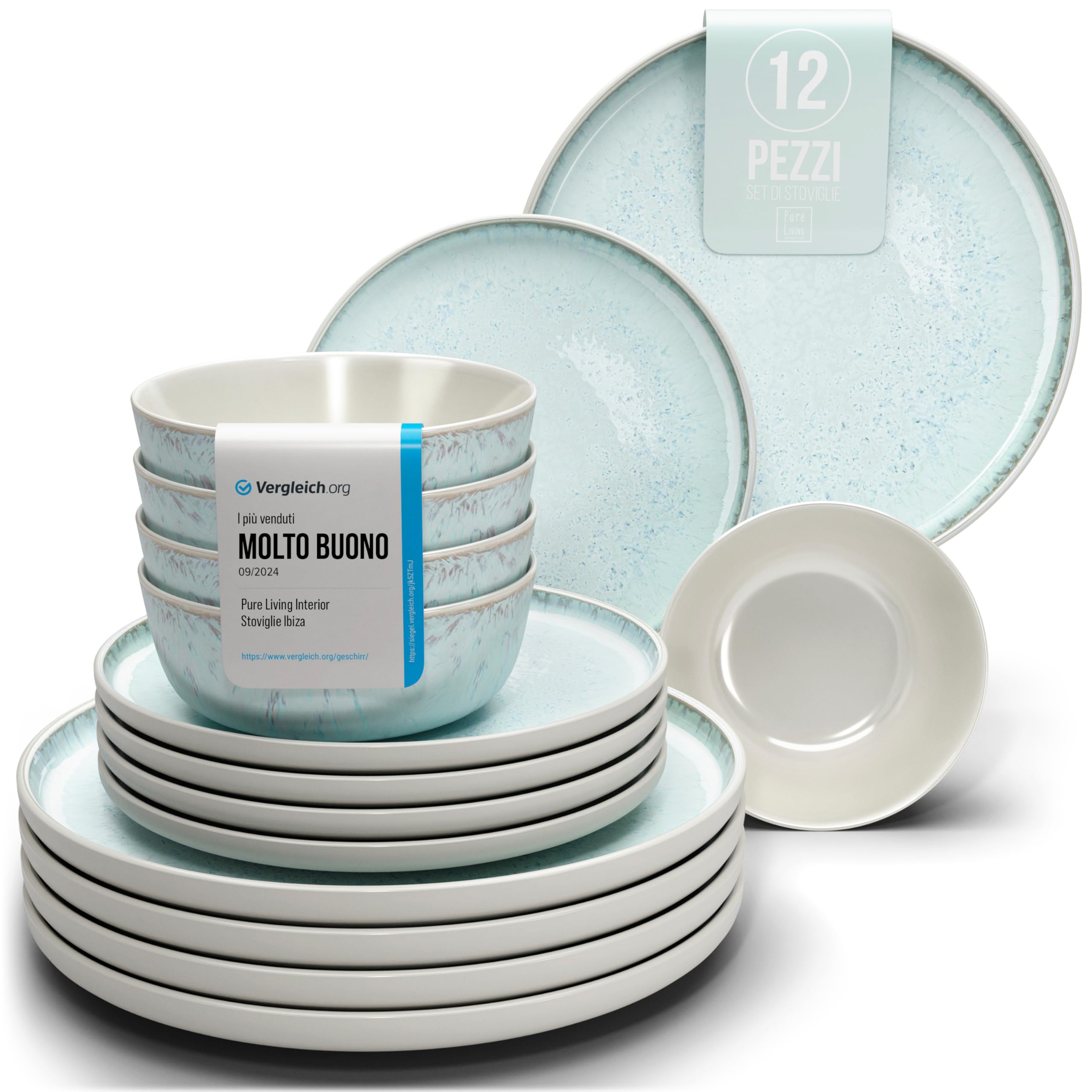 Servizio Piatti Ibiza per 4 Persone, 12 Pezzi Set Piatti Moderni Compatibile con Lavastoviglie e Microonde - Set da Tavola e Cucina di Pure Living Beige-blu