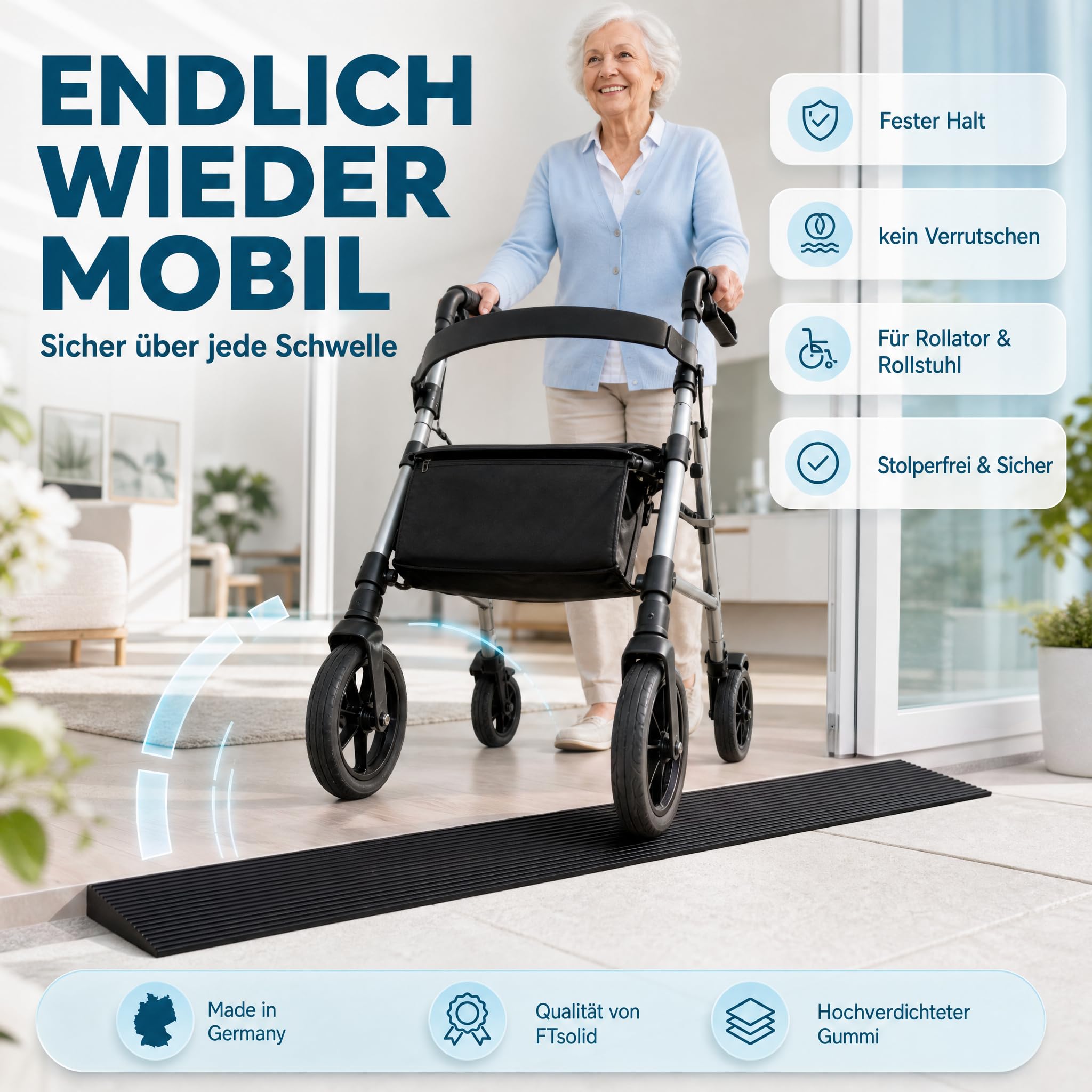 Türschwellenrampe 2,5cm Rollstuhlrampe Gummirampe Auffahrrampe Schwellenrampe Bordsteinrampe für Rollstuhl, Kinderwagen, Rollator oder e Scooter