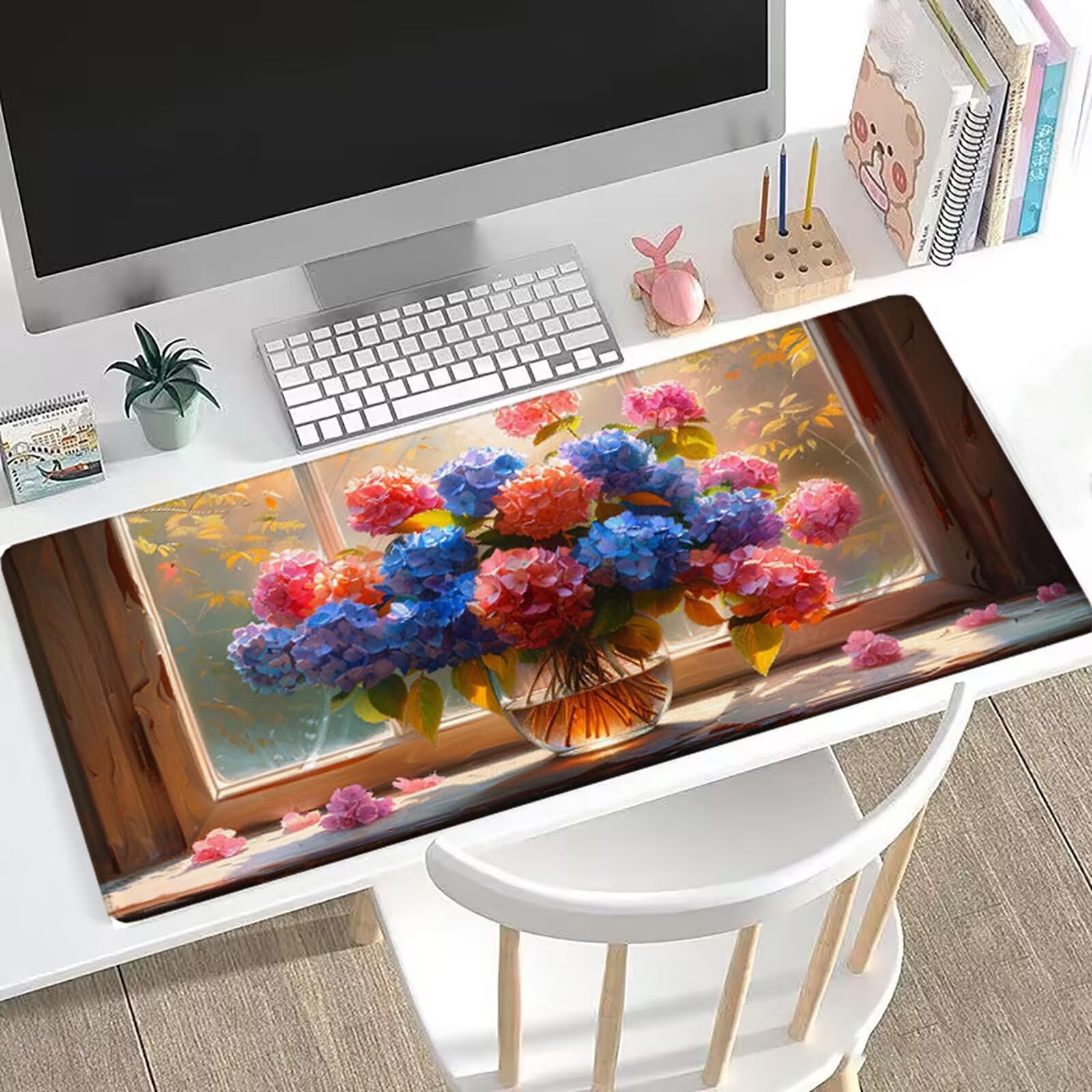 Podkładka pod mysz XXL 1500 x 800 x 3 mm kwiat duża podkładka pod mysz do gier rośliny (1), mata na biurko ze zszytymi krawędziami, antypoślizgowa mata komputerowa, podkładka pod mysz do kreatywnej