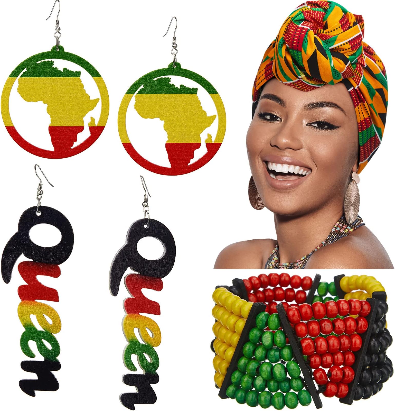 4 Pcs Jamaica African Jewelry Sets for Women Reggae Jamaican Accessories Turban Headband Wood Afro Red Green Black African Map Dangle Queen Earrings Rasta Beaded Bracelet