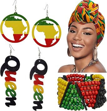 4 Pcs Jamaica African Jewelry Sets for Women Reggae Jamaican Accessories Turban Headband Wood Afro Red Green Black African Map Dangle Queen Earrings Rasta Beaded Bracelet