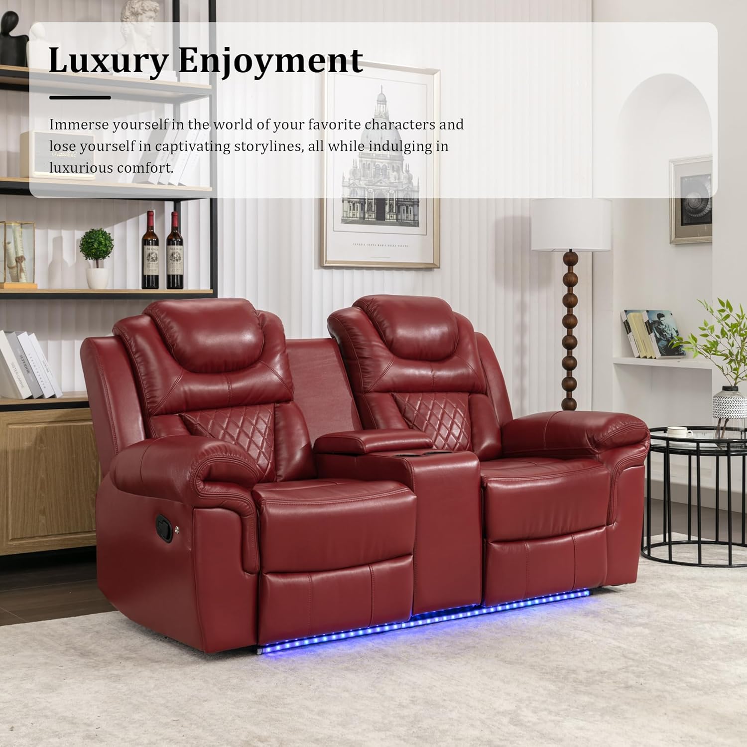 Leather Reclining Sofa Set,Home Theater Seating with Center Console, LED Light Strip, and Storage Cup Holders, 2 Seater for Living Room, Office, Home Theater, RV, Loveseat(Wine Red)