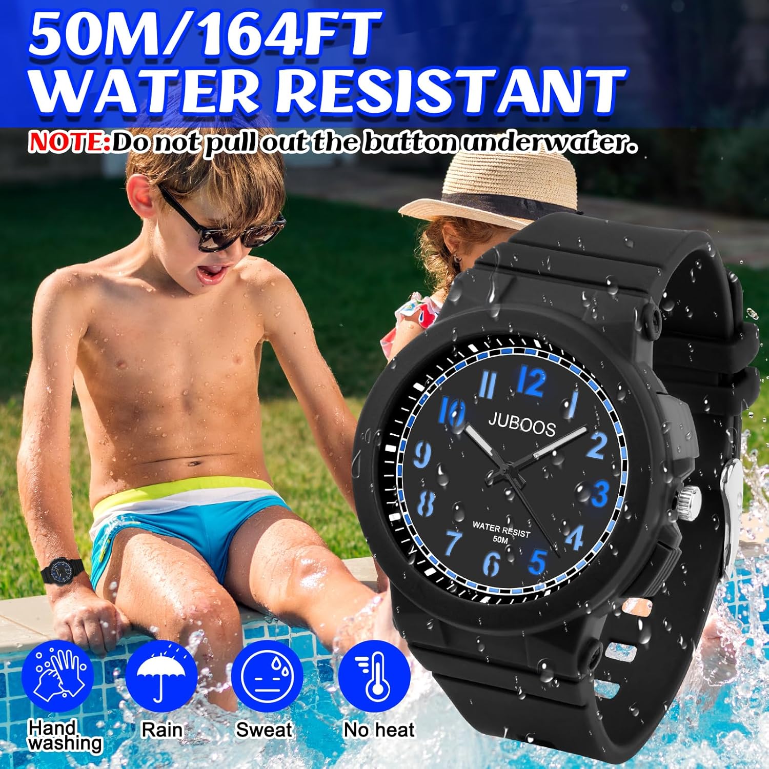 A child sitting by a pool with the Juboos watch, illustrating its 50M/164FT water resistance for activities like hand washing, rain, sweat, but not hot water.