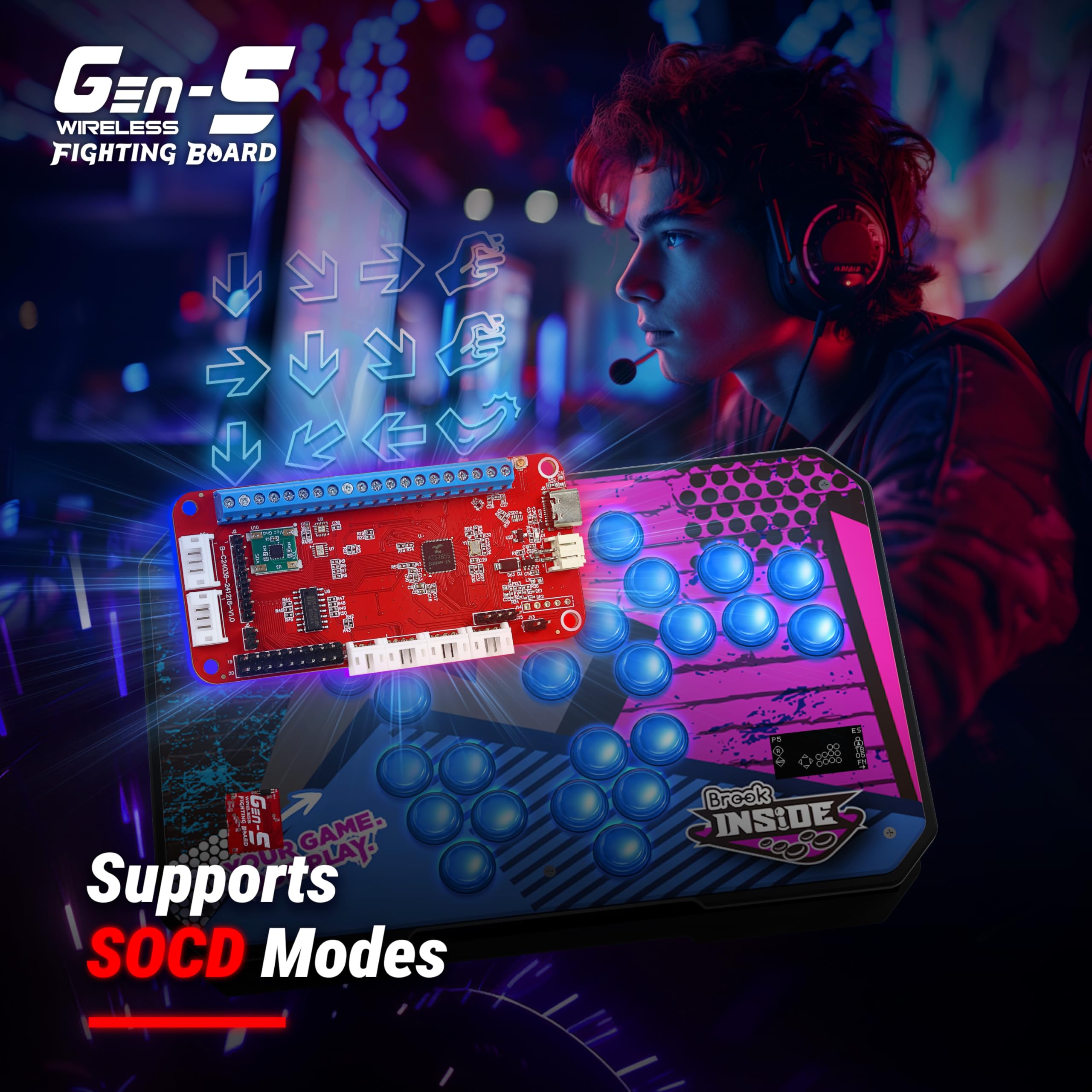 Brook Gaming Gen5W Fighting Board - Scheda controller wireless compatibile per P5, PC e Steam Deck | Latenza ultra bassa | Personalizzazione Turbo, macro e RGB (versione esclusiva)