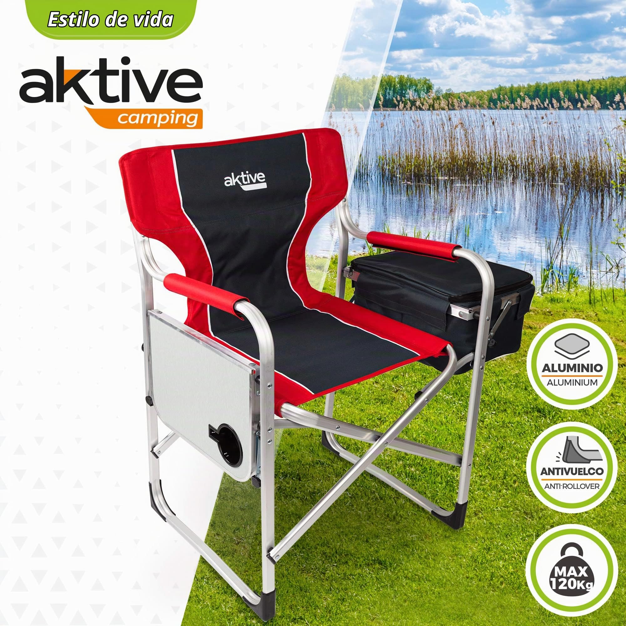 AKTIVE 63000 - Silla Plegable Camping portátil con Soporte ara Botellas y Bolsa térmica, Silla Camping Plegable 61x48x92,5cm, Resistente y Ligera, Silla Director Plegable antivuelco
