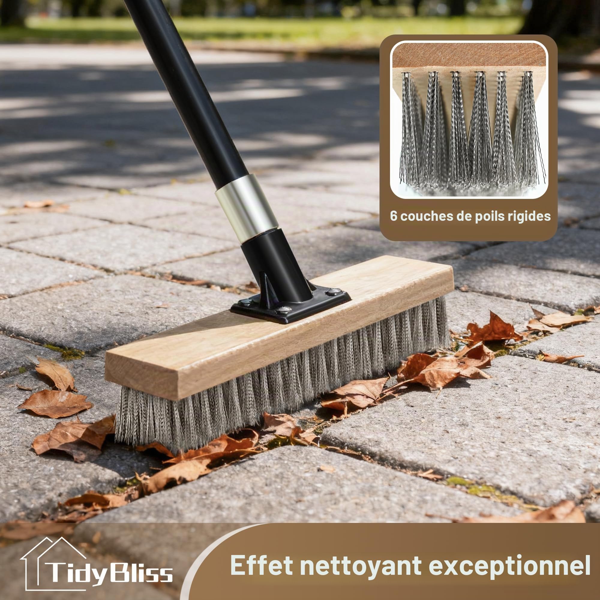 TidyBliss Balai Toiture Exterieur Terrasse Acier Inoxydable avec Long Manche, Robuste Brosse Metallique Élimination des Mousses Extérieures sur Sols en Béton Jardins Patios Toits Briques Garages