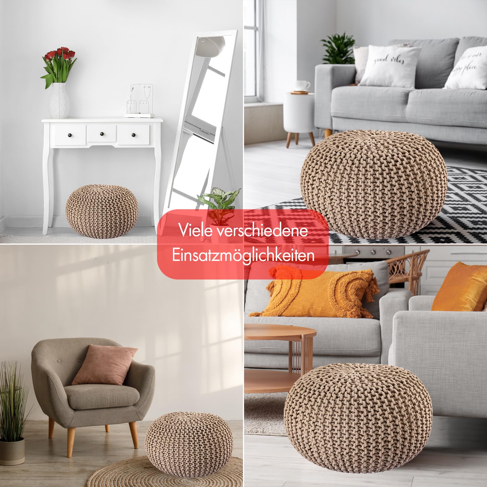 handgefertigter Strickhocker Ø 55cm o. Ø 45cm I Sitzpouf Sitzpuff Bodenkissen Sessel Kissen Sitzhocker Sitzsack - mit eleganter Grobstrick-Optik - Dekoration Interieur (Taupe, Ø 55cm)