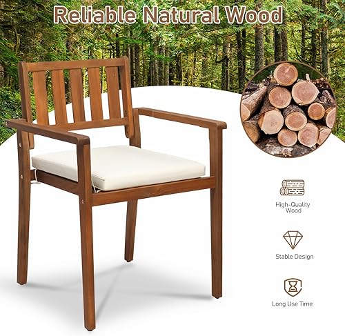 Miniatura 4 de Outvita Juego de 4 sillas de comedor apilables para patio, sillas de madera de acacia duraderas para exteriores con cojines extraíbles y cómodos