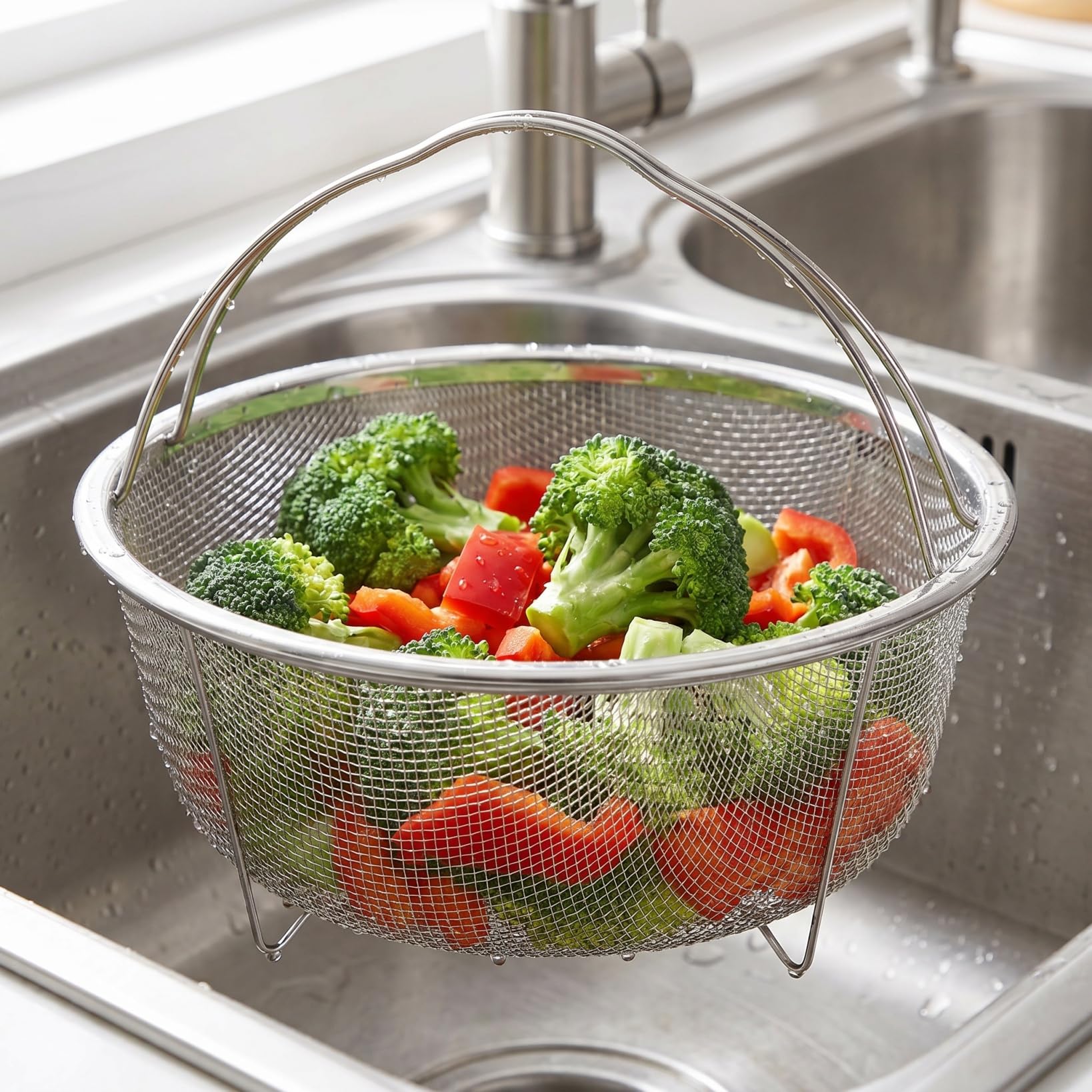 GANAZONO Cesta redonda para freír, cesta de drenaje de alambre de acero inoxidable, bandeja de drenaje de alimentos, colador de lavado de verduras, colador de frutas de metal, cesta de drenaje de