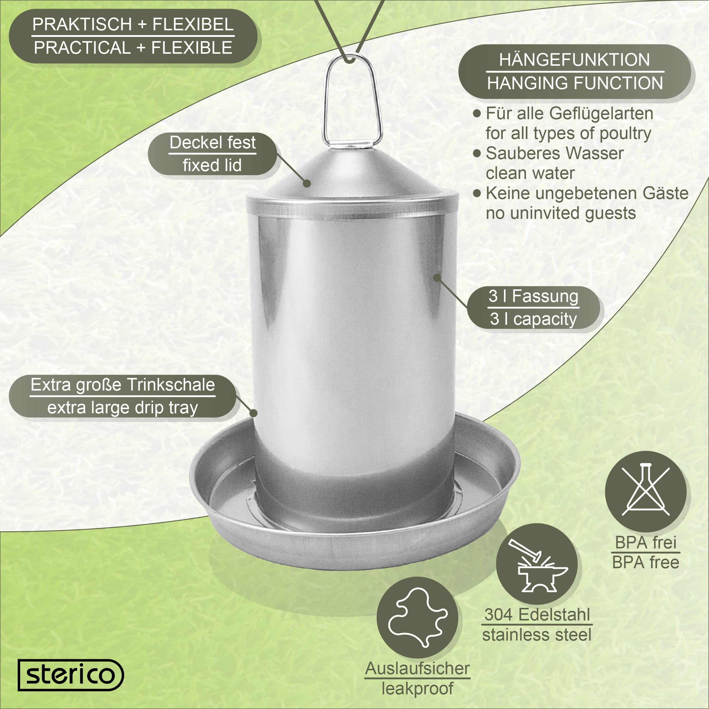 Image secondaire de Sterico - Abreuvoir de poulet - En acier inoxydable 304 - Sans BPA - Sans bords dangereux - Résistant au débordement - Suspendu 