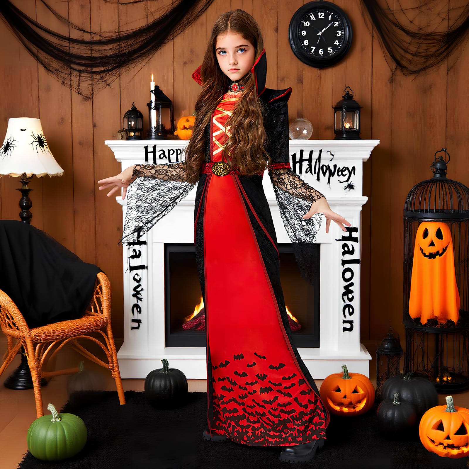 Clundoo Girls Gothic Vampire Costume Halloween Set for Girls Vampiress Queen Dress Up Party, Vampire Costume for Kids (M) - Image 3