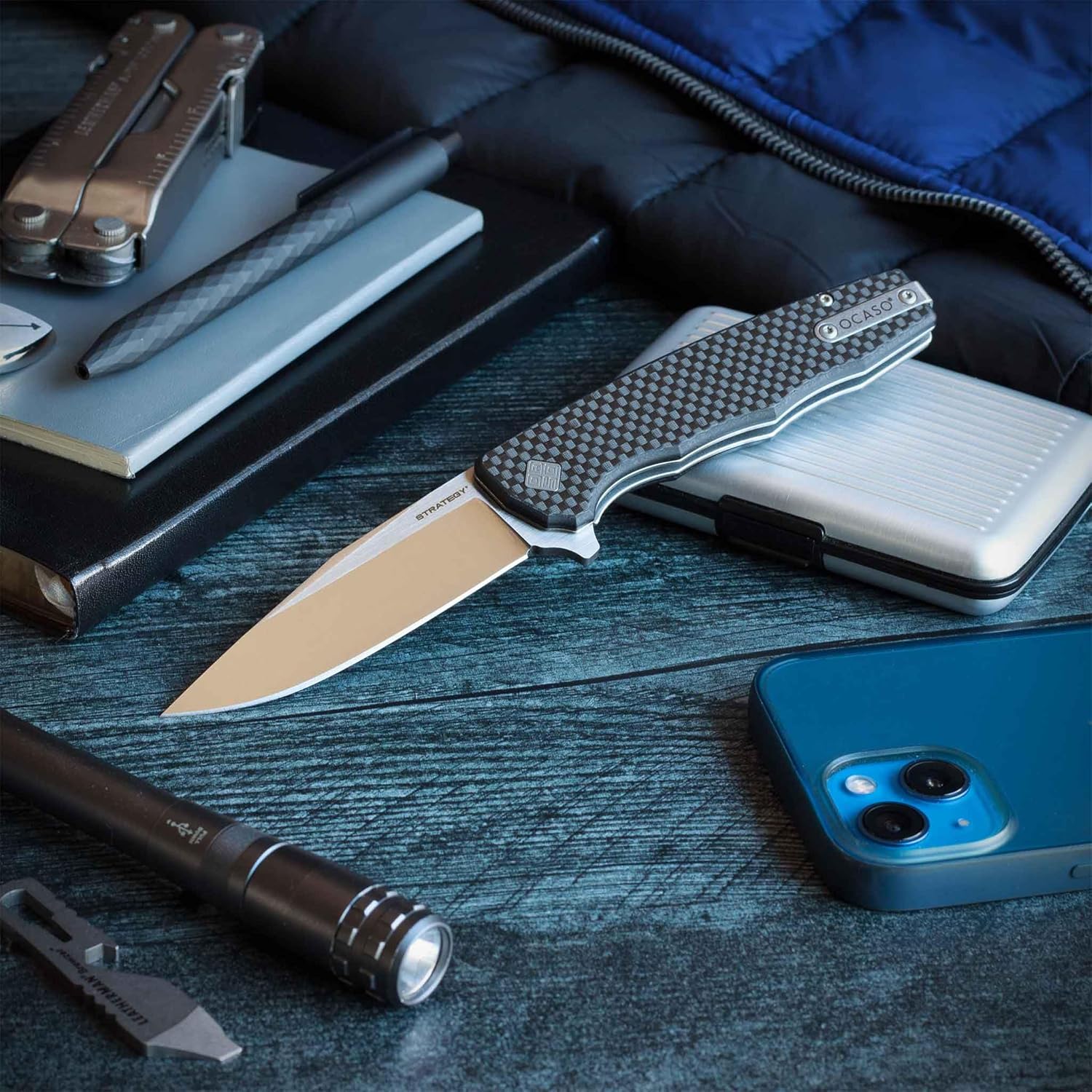 OCASO - Strategy Everyday Carry Pocket Knife, 3.5" Bohler K110 D2 Steel, Aluminum or G-10 Handle, Ambidextrous Deep Carry Pocket Clip, Carbon Fiber/G-10 29BCD