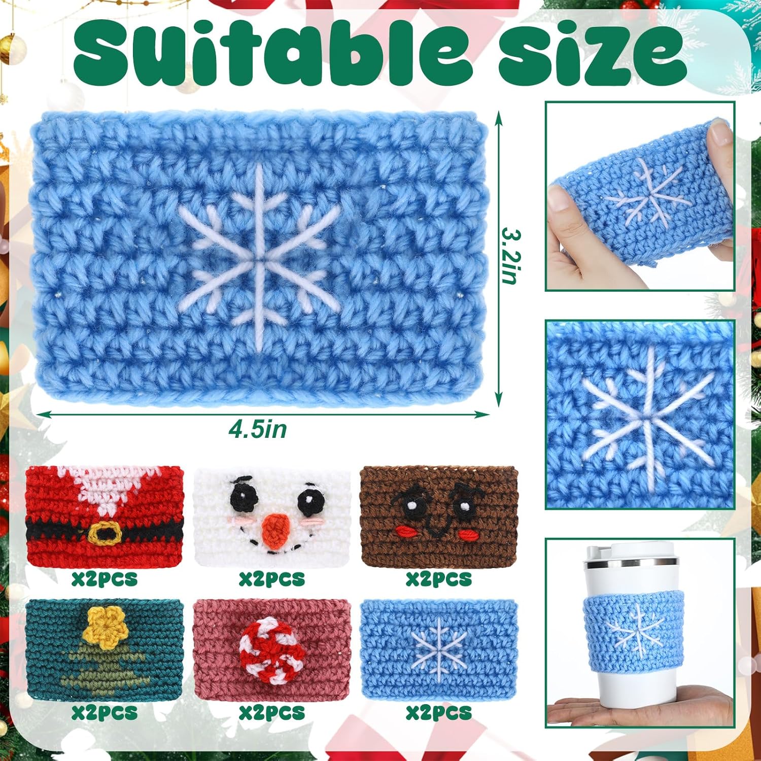 12 Set Christmas Crochet Coffee Cozy Gifts Reusable Cup Warmer Sleeve with Greeting Gift Card Teacher Xmas Cup Sleeve Favors for Women Men Friend Home Office Supplies
