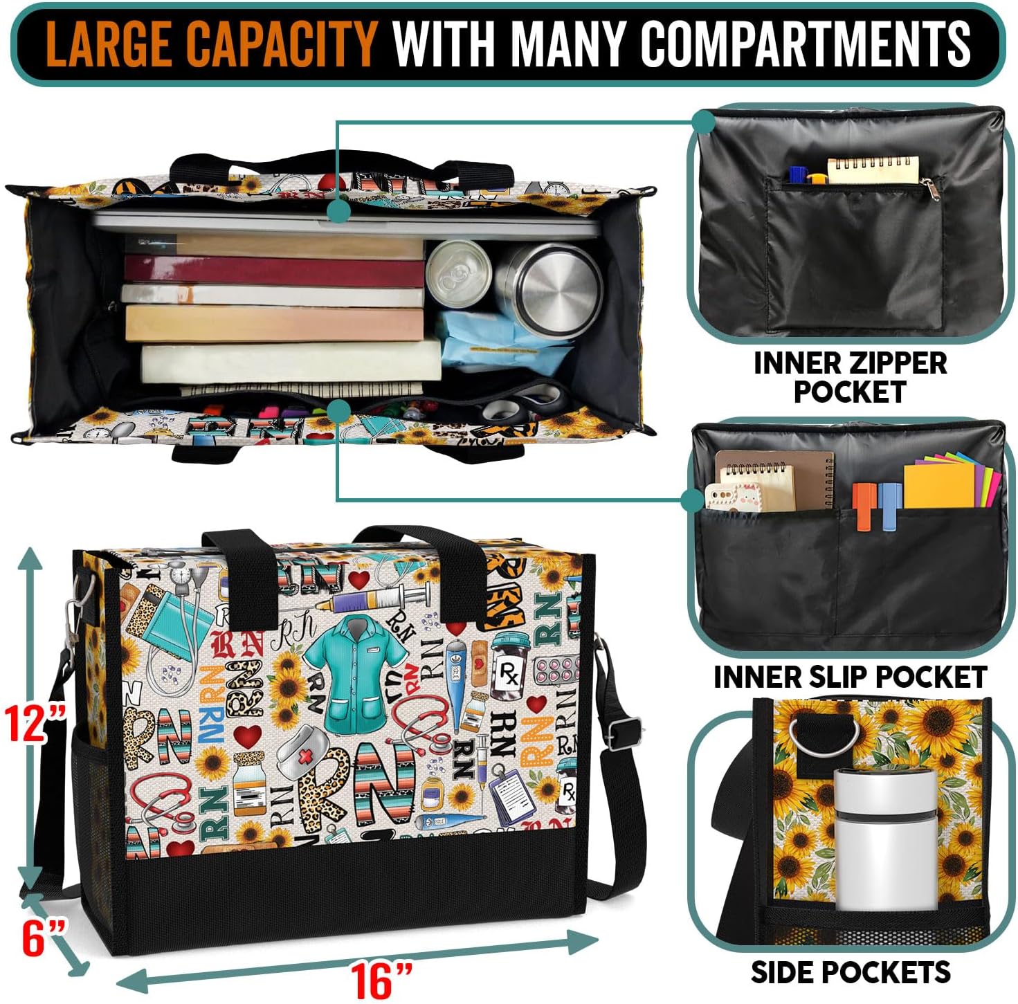 84hoods Large Tote Bag for Women with Pockets and Zipper. RN Gift for Registered Nurse.