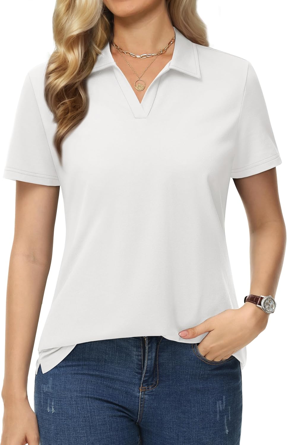 MAGCOMSEN Women's Polo Shirts Cotton Short Sleeve V-Neck Collared Tops Golf Shirt Work Casual Summer Tee