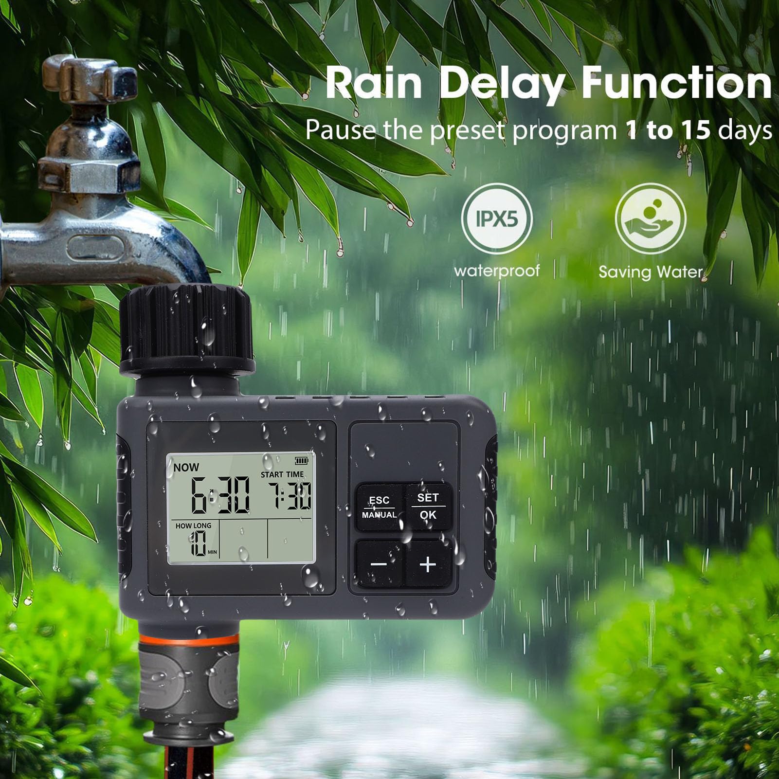 Programmatore Irrigazione Automatico per Giardino, Timer per Irrigazione LCD con Ritardo Pioggia, Impermeabile IPX5 per Rubinetto 3/4 Pollice, 0,5-8 Bar