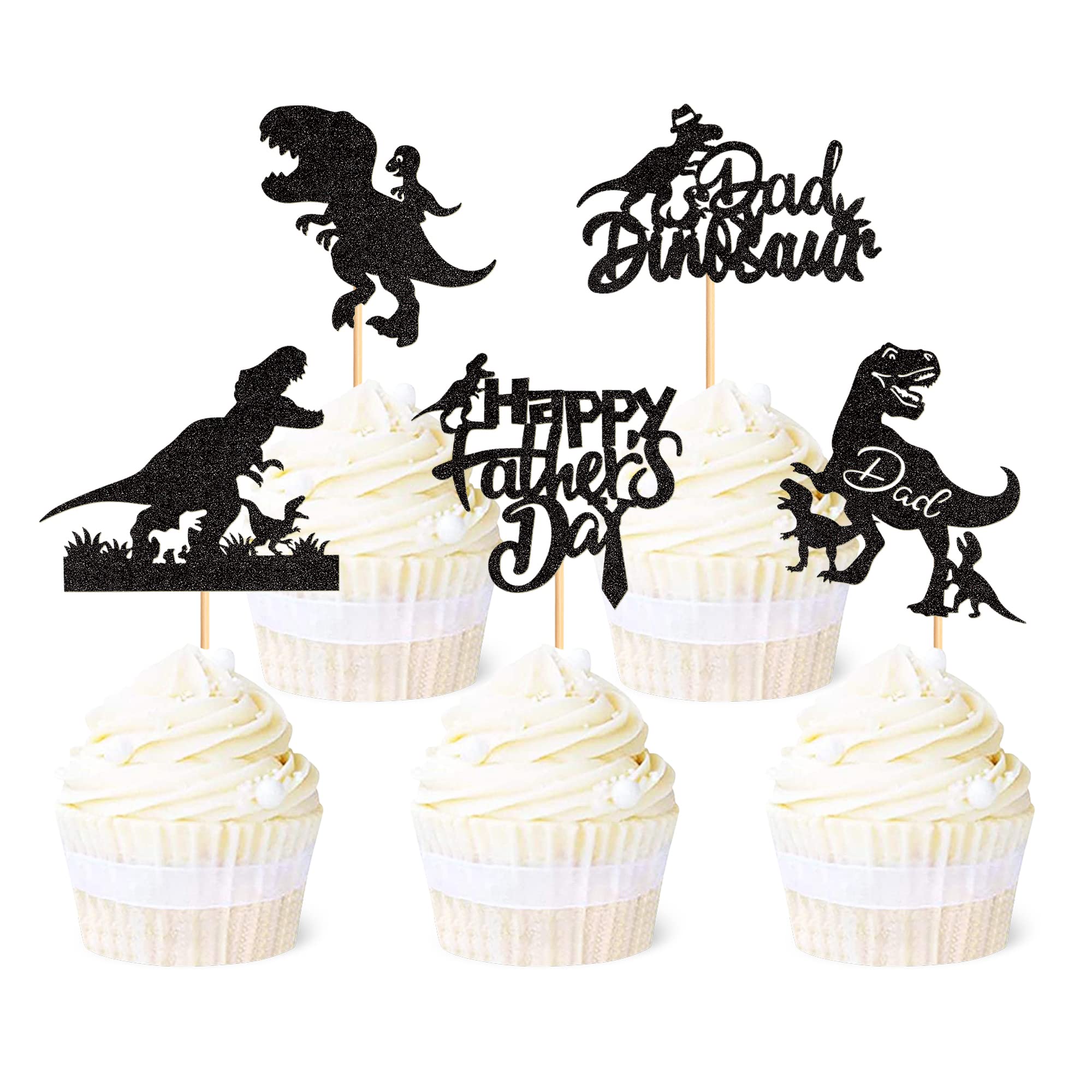 Ercadio 35 Pack Dad Dinosaurs Cupcake Toppers Black Glitter Dino Happy Father’s Day Cupcake Picks Dinosaur Dad Cake Toppers for Dino Theme Father’s