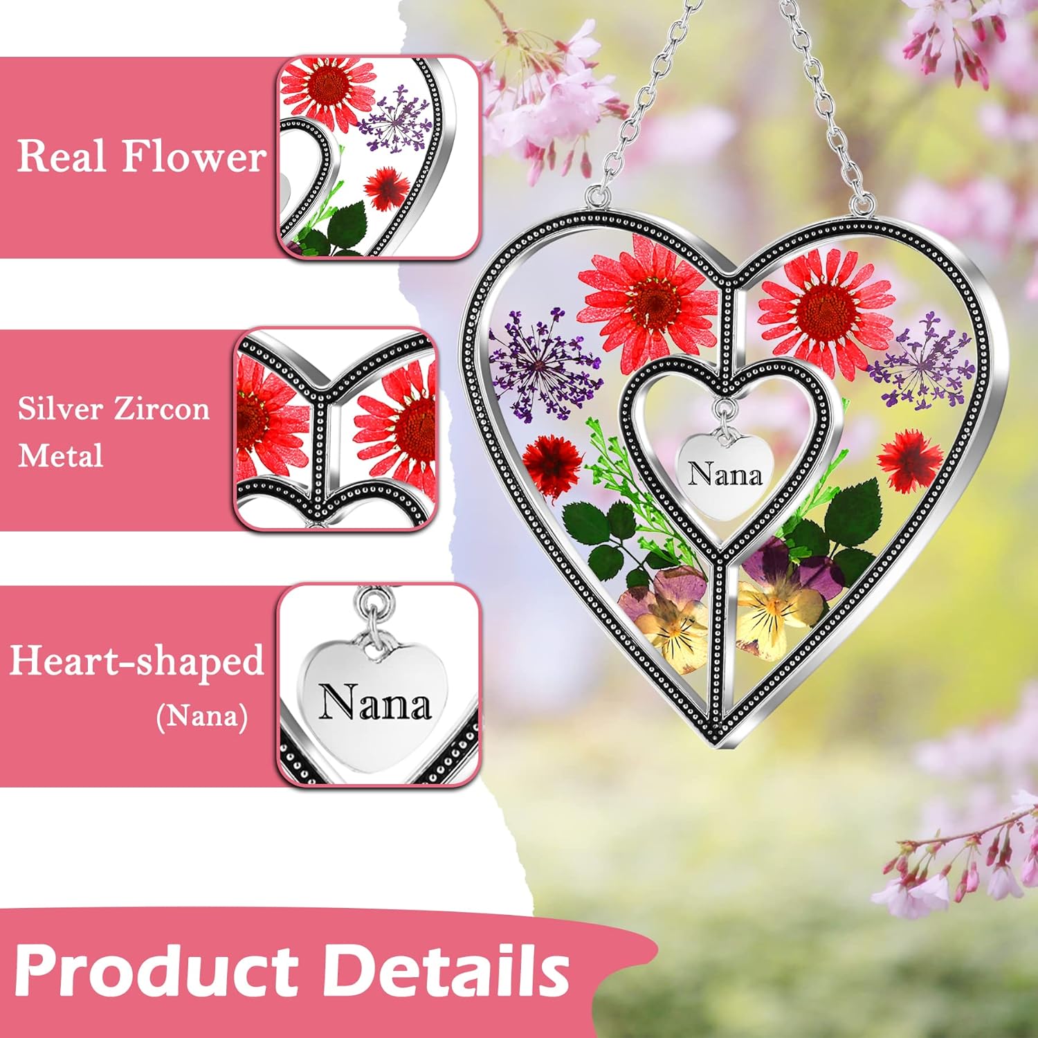 KY&BOSAM Stained Glass I Love You Nana Suncatchers Wind Chime for Windows Silver Metal and Glass with Pressed Flower Heart Gifts for Mom -Friend Sister Aunt for Birthdays Mother Days Christmas