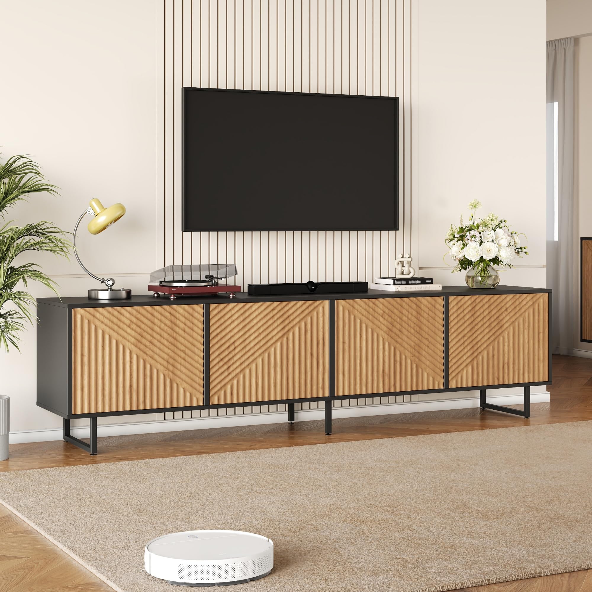Stojak pod telewizor 180 cm na telewizor 80-calowy, czarny, z 4 drzwiami, nowoczesny stolik konsolowy 180 x 40 x 50 cm, stylowe centrum rozrywki (Nor-4Z)