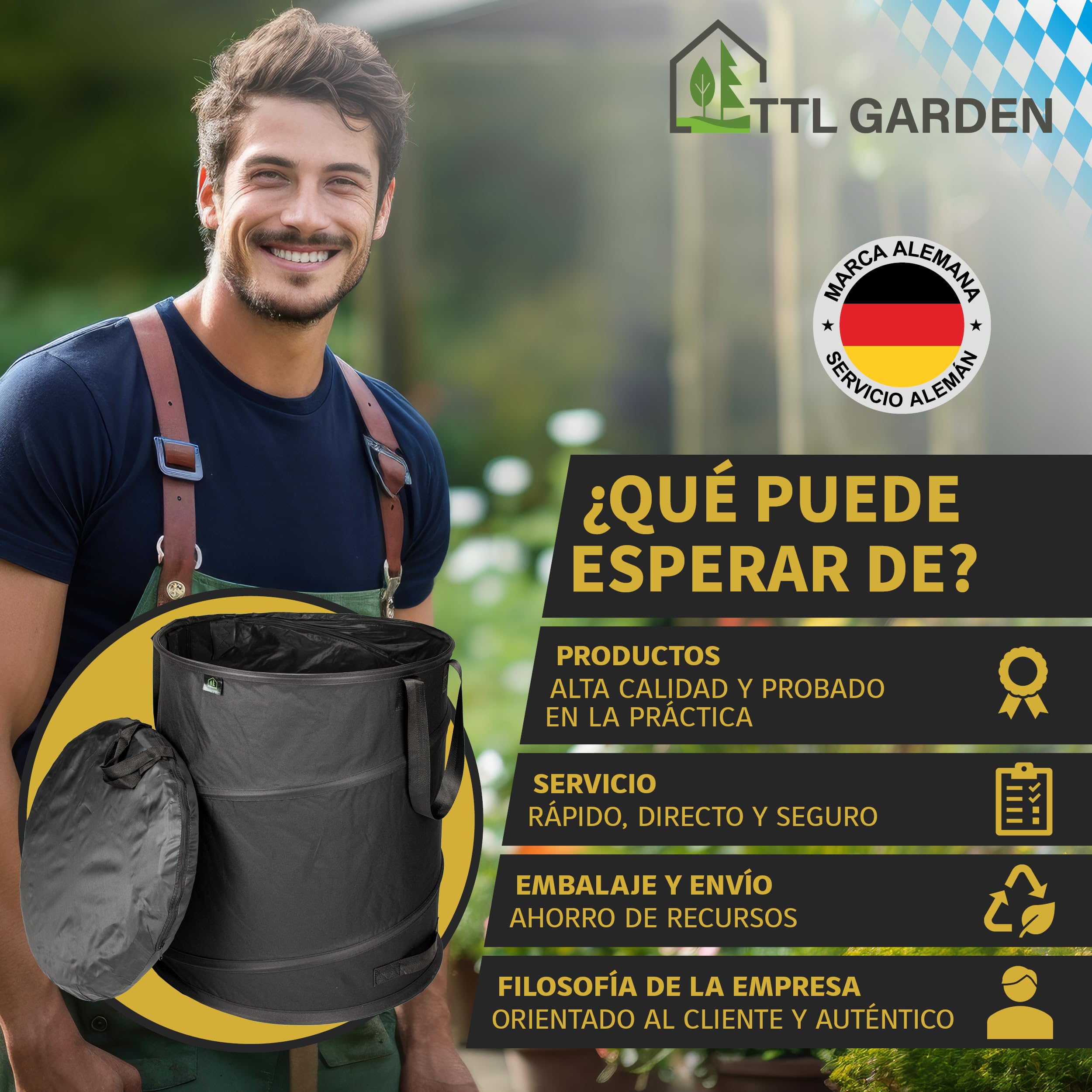 TTL Commerce TTL Garden Black Superior 170L Saco de jardín emergente - Fondo doble 260gsm Extra estable 600D Oxford 170 litros Bolsa para residuos de jardín Bolsa para hojas plegable Corte verde Resid | 170 litros extra estable bolsa de basura para jardín