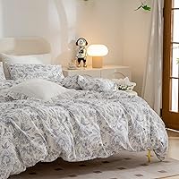 Vista 2 de Funda de edredón King, 100% algodón, juego de ropa de cama floral de 3 piezas, estilo vintage chic, con diseño floral, 1 funda de edredón y 2 fundas