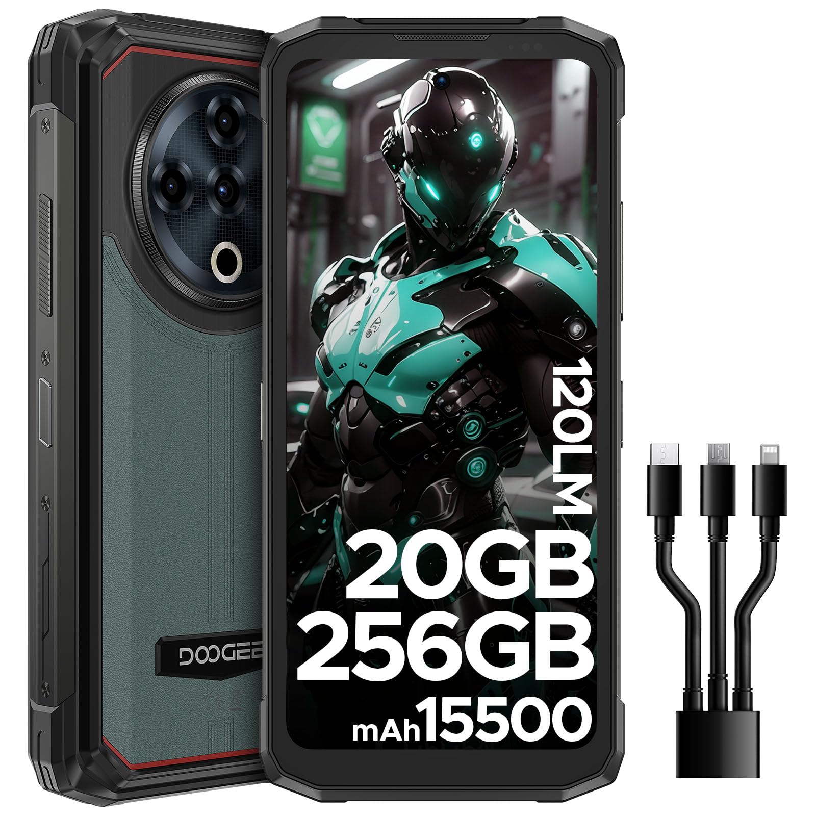 DOOGEE Fire 6 Power Rugged Smartphone Android 14, 20GB RAM + 256GB ROM Telefono Indistruttibile, 15500mAh Batteria, 120LM Torcia, 6.56" Display Smartphone Rugged, 18W OTG, NFC/Face ID/IP68/50MP/GPS