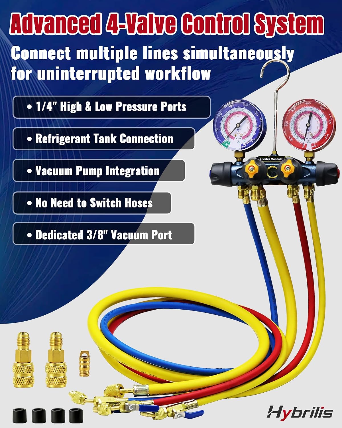 2026 Upgraded 49968 Charging Manifold Gauge Set, 4 Valve A/C Manifold Gauge with 3-1/8” Dual Pressure Gauges, for R22 R404A R410A, HVAC Manifold Gauge Set with 72” Hoses & 3/8”x45° Ball Valve Hose Set
