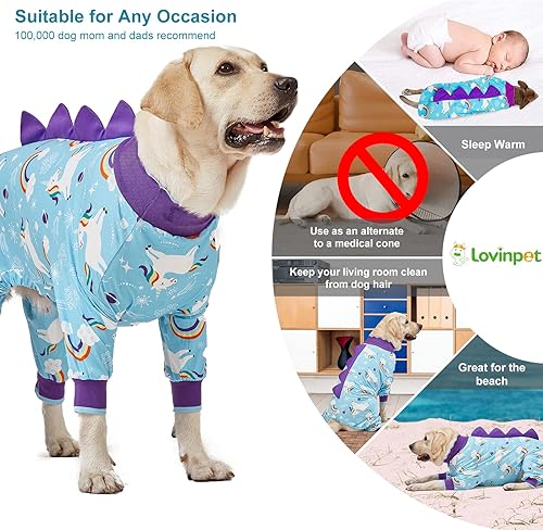 Miniatura 5 de LovinPet Ropa para mascotas para perros grandes, ropa de recuperación antilamidas para perro, mameluco de peso ligero, estampado de arco iris y