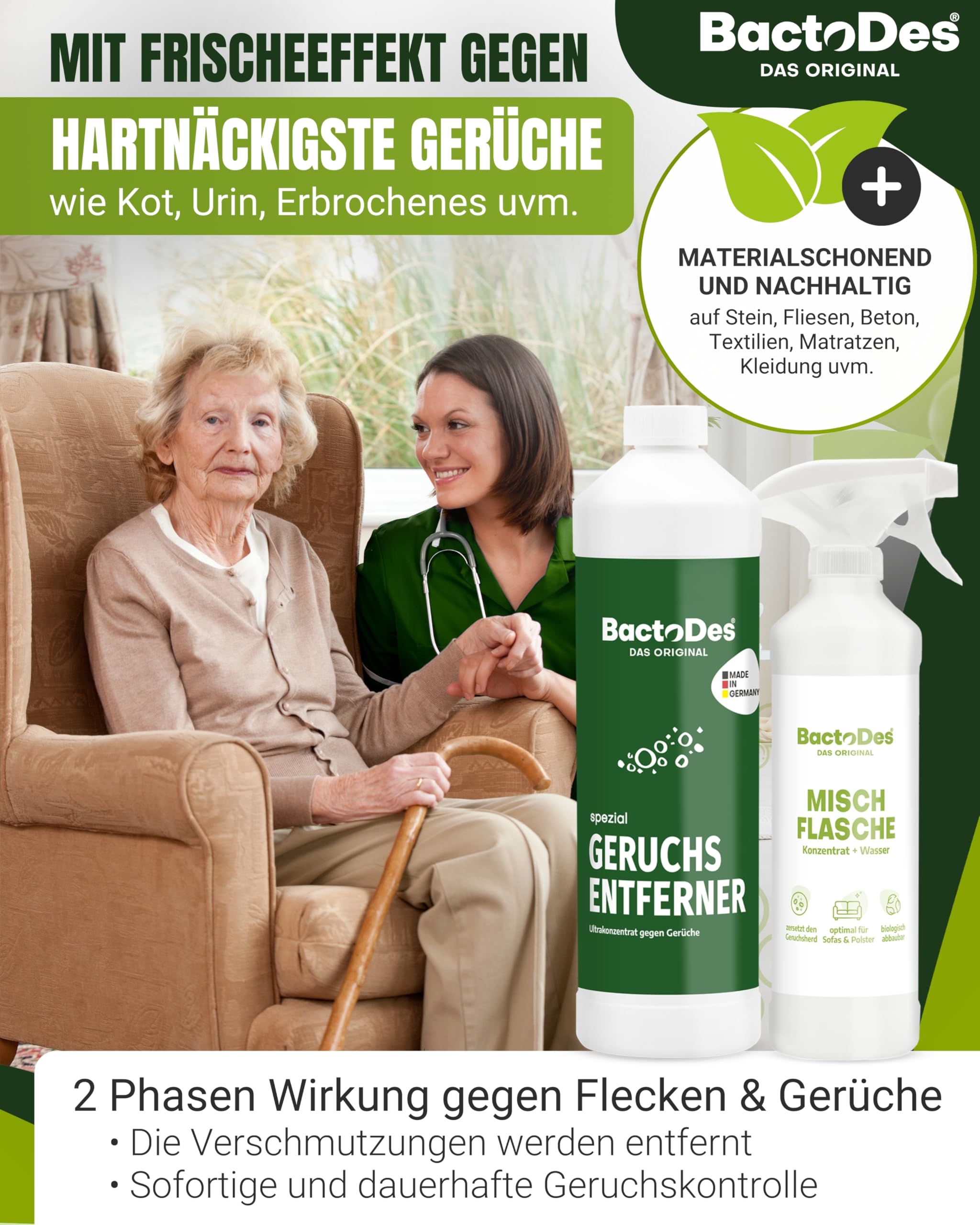 BactoDes - Spezial Geruchsneutralisierer 12L Konzentrat mit Spray-Mischflasche - Universal Enzymreiniger mit bio Mikroben-Wirkung - Effektiver Geruchsentferner für sämtliche unangenehme Gerüche