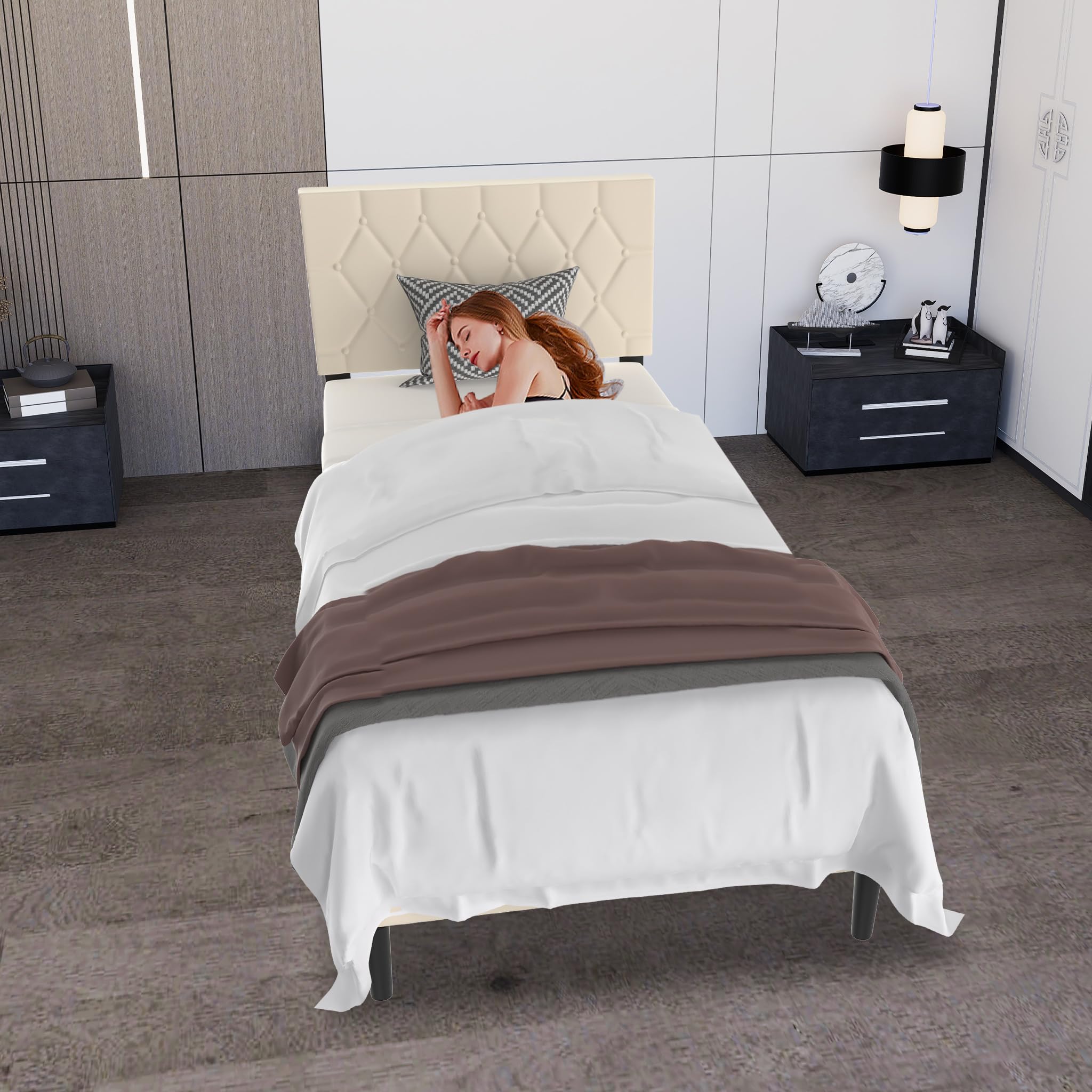 Froadp Cama tapizada de 90 x 200 cm – Marco de cama doble con soporte de listones de madera de piel sintética, cabecero tapizado con botones, marco de cama para dormitorio, diseño moderno (beige)