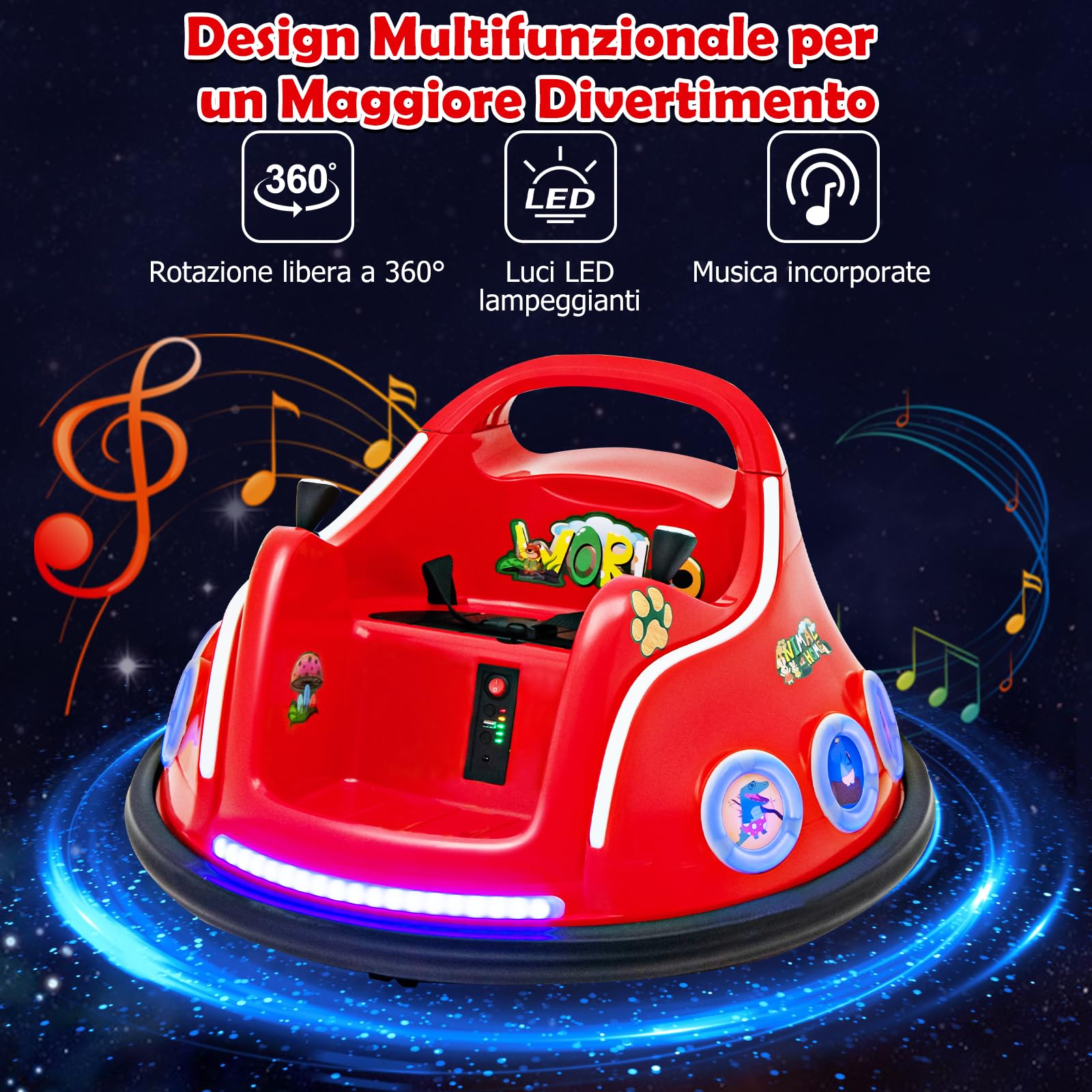 RELAX4LIFE Autoscontro Elettrico 12V per Bambini 3 ANNI+, con Telecomando 2,4G, Rotazione a 360 Gradi, Luci, Musica e Connessione Wireless, 73 x 73 x 43 cm (Rosso)