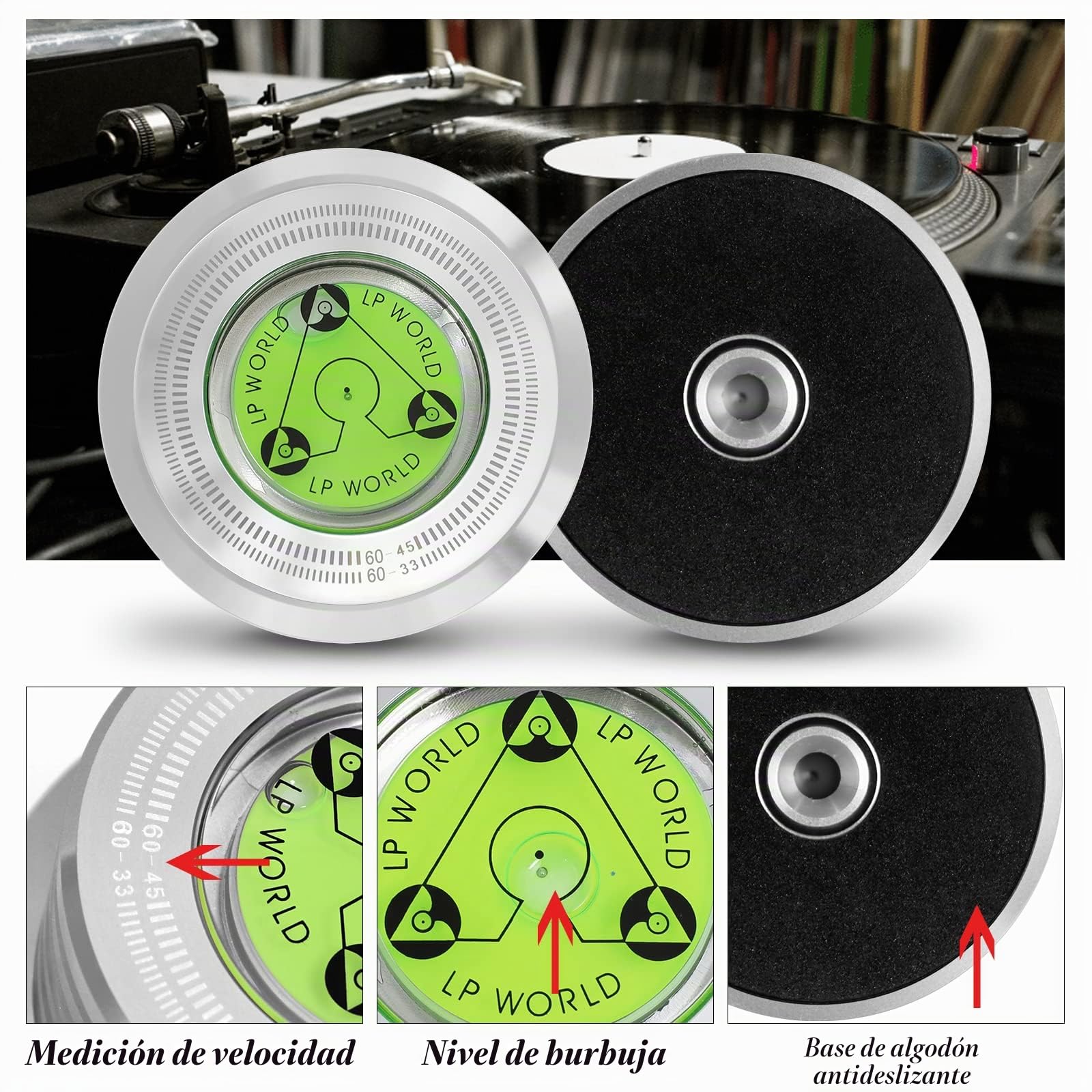 KozyOne Estabilizador de Peso de Disco, Abrazadera estabilizadora de Discos con Nivel de Burbuja para Reproductor de Discos LP de Vinilo (Plata)